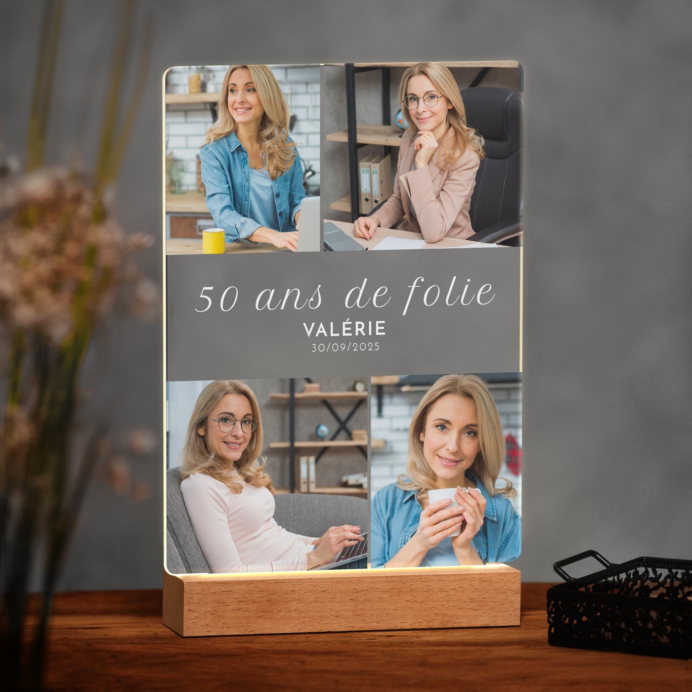 Lámpara LED personalizada Murrano de tamaño XL con foto para mujer de 50 años