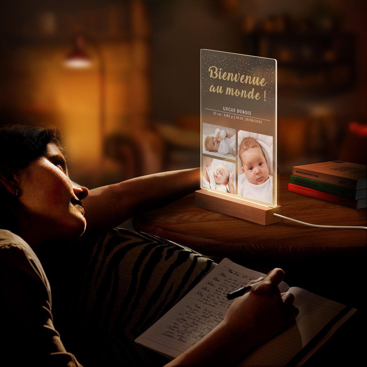 Lámpara LED personalizada de Murrano XL con foto para el nacimiento, ¡Bienvenido al mundo!