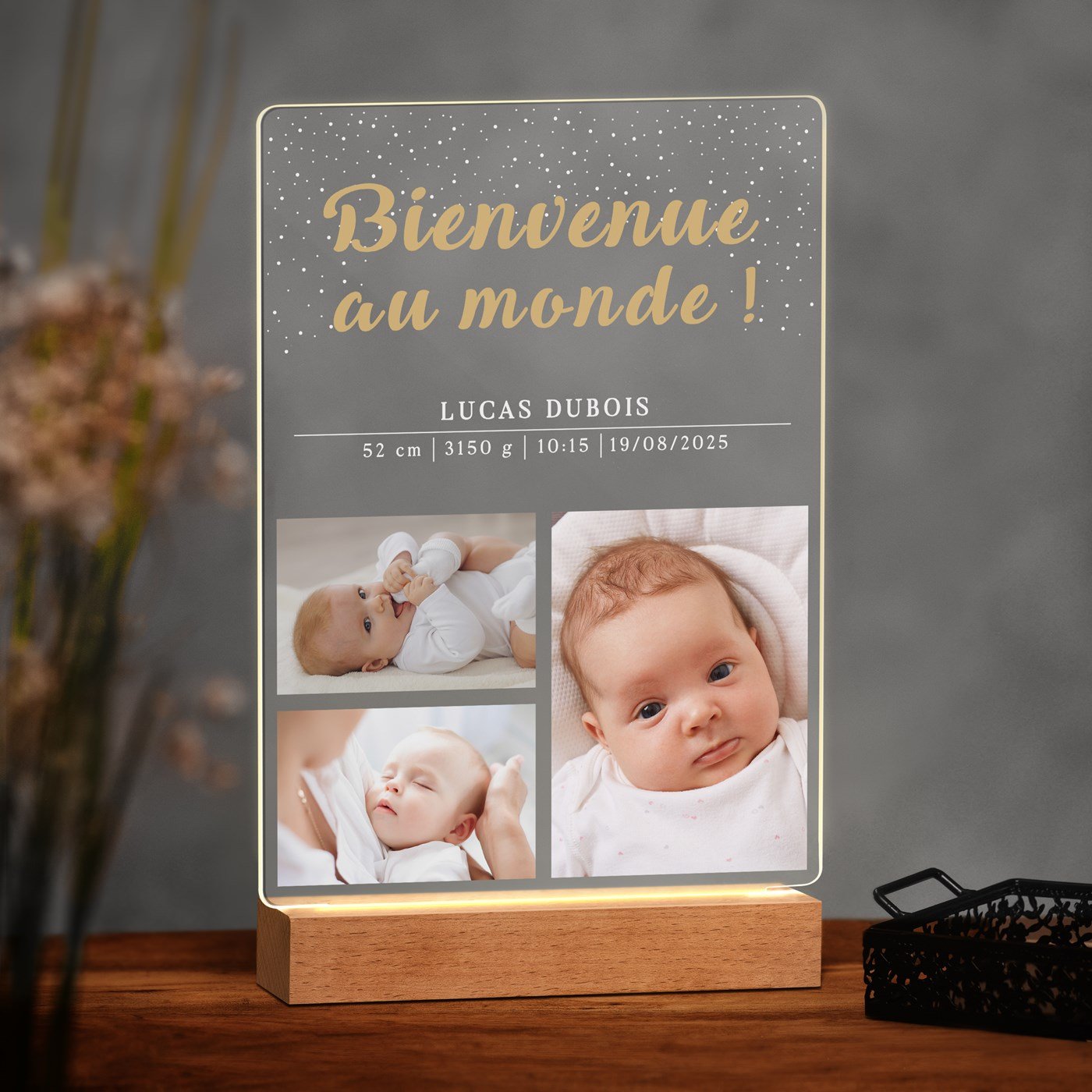 Lámpara LED personalizada de Murrano XL con foto para el nacimiento, ¡Bienvenido al mundo!