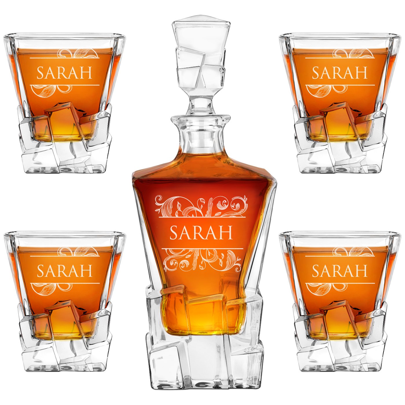 Set de decantador de whisky Murrano con 4 vasos y grabado personalizado para mujer