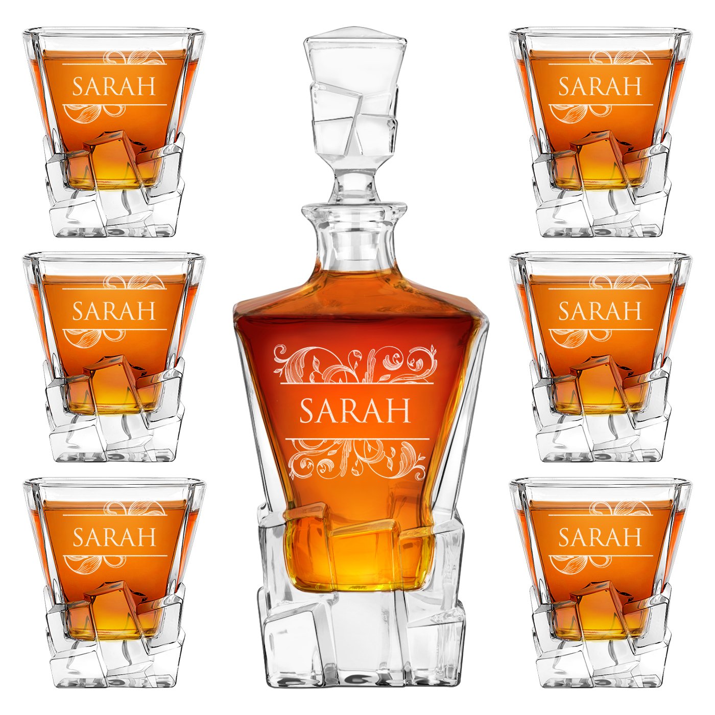 Set de whisky y 6 vasos con grabado para mujeres Murrano Ice Blink