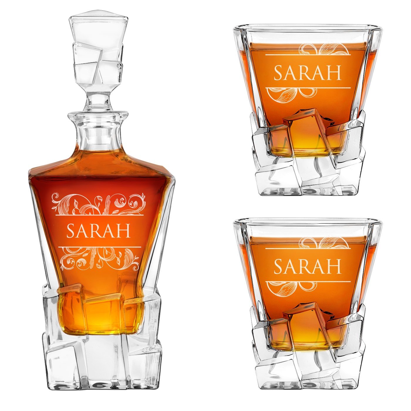 Jugo de whisky Ice Blink Murrano y 2 vasos con grabado para mujeres