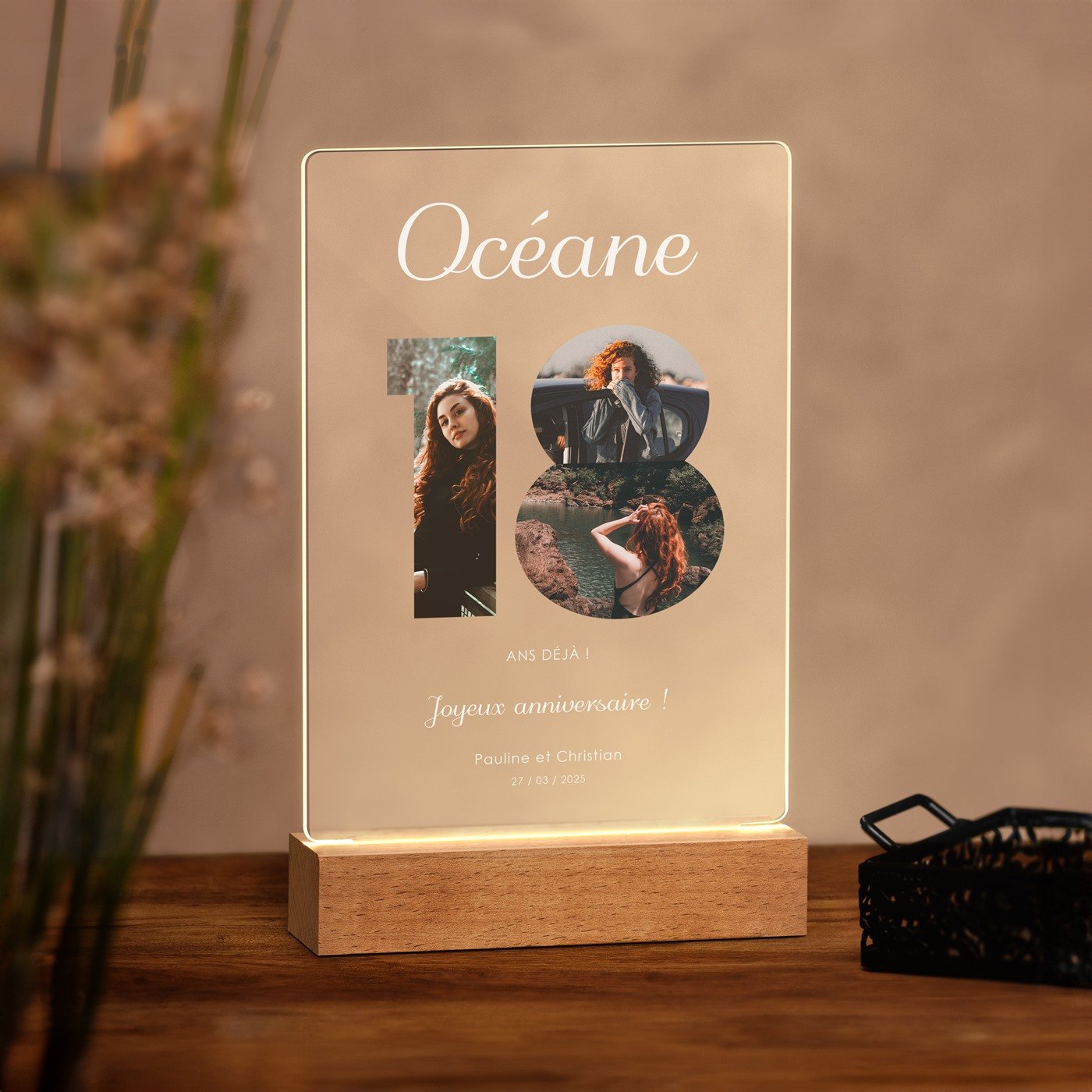 Lampe LED personnalisée Murrano - Taille L avec photo pour elle à ses 18 ans