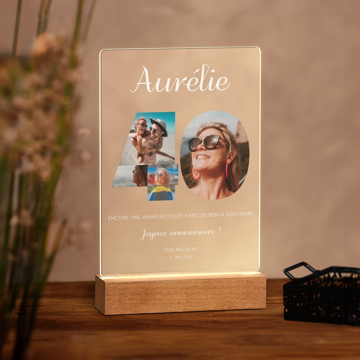 Lampe LED personnalisée Murrano - Cadre photo taille L pour elle à ses 40 ans