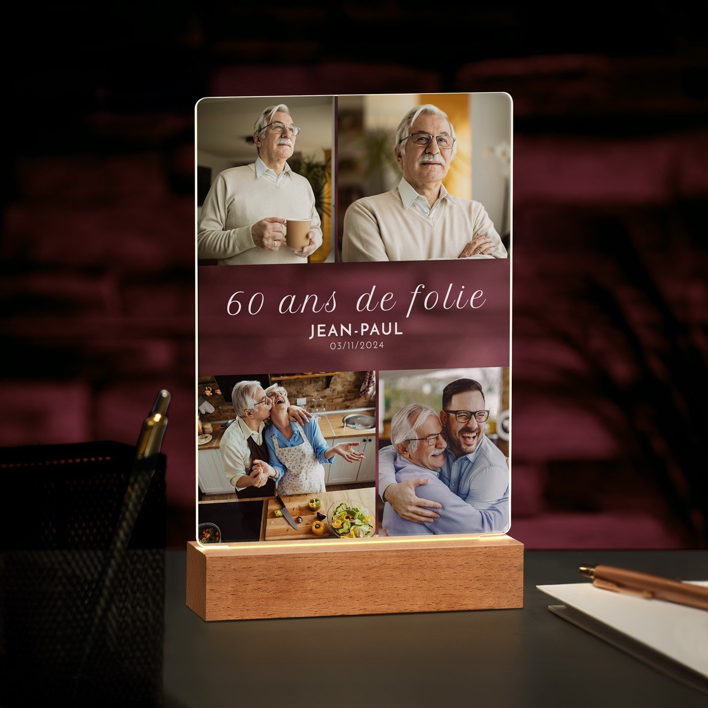 Murrano Custom LED Lamp - Size L with Photo for Men (60th Birthday)