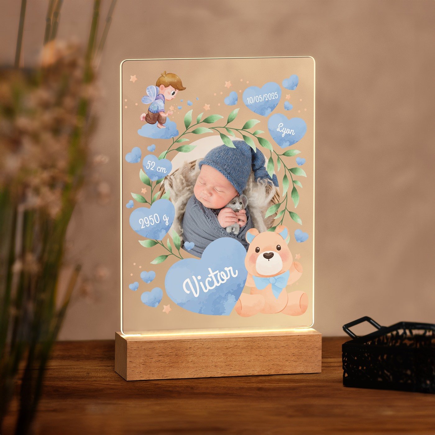 Lámpara LED personalizada Murrano - Tamaño L, foto de nacimiento niño
