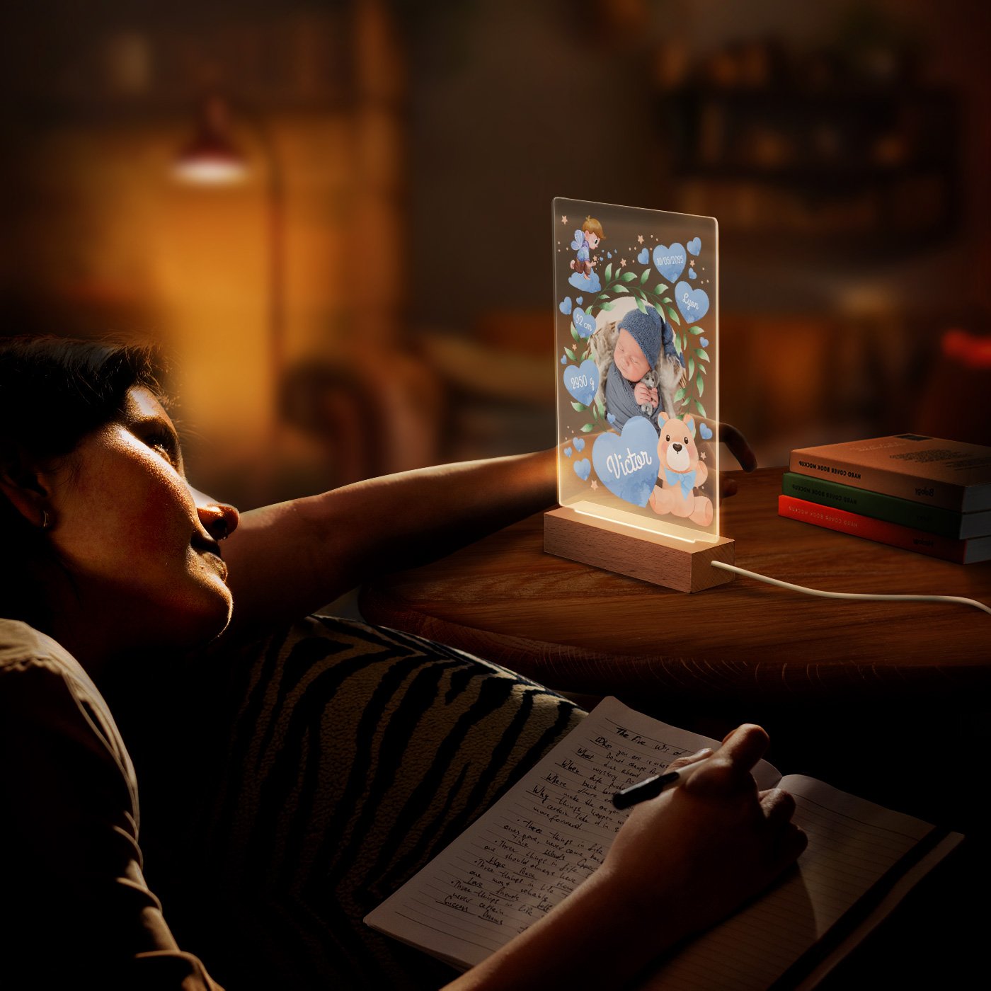 Lámpara LED personalizada Murrano - Tamaño L, foto de nacimiento niño