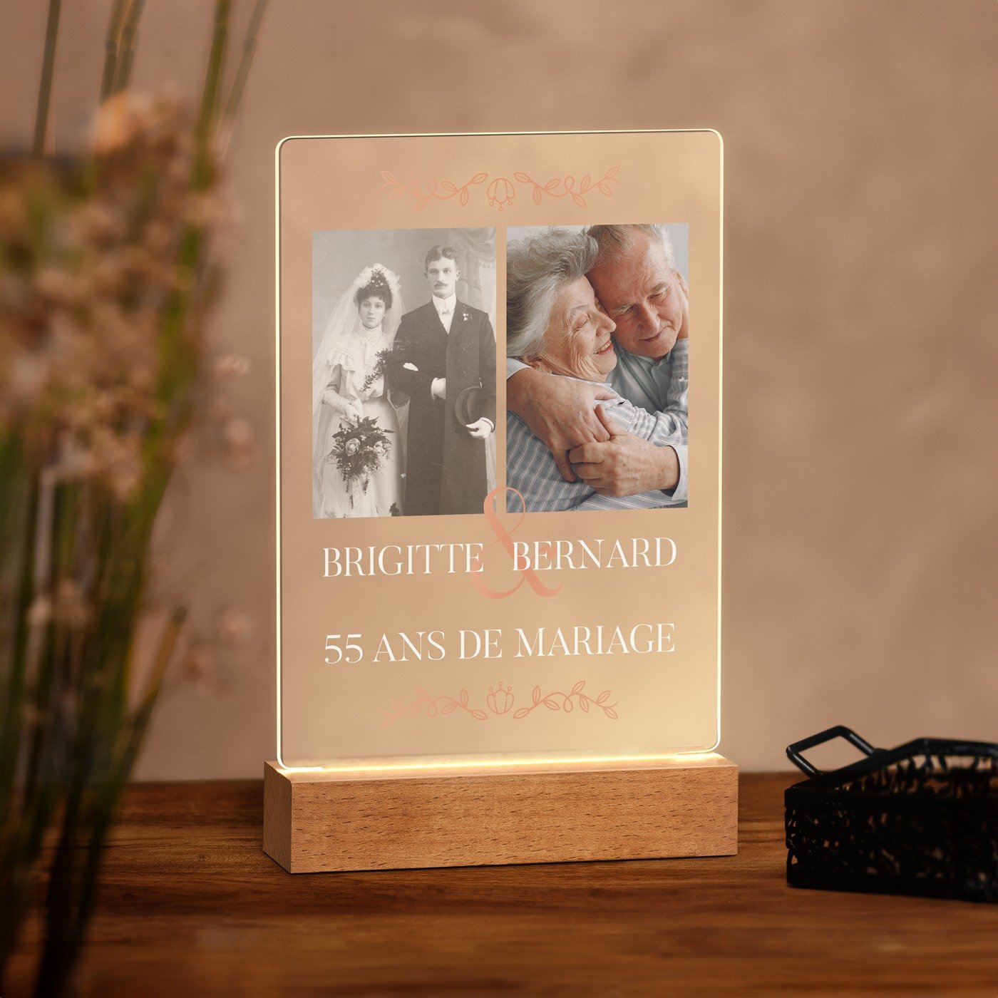 Lámpara LED personalizada Murrano - Tamaño L con foto para el 55º aniversario de bodas