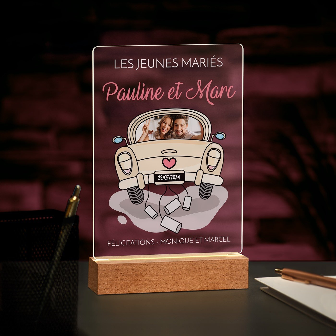 Lámpara LED personalizada Murrano - Tamaño L con foto para recién casados