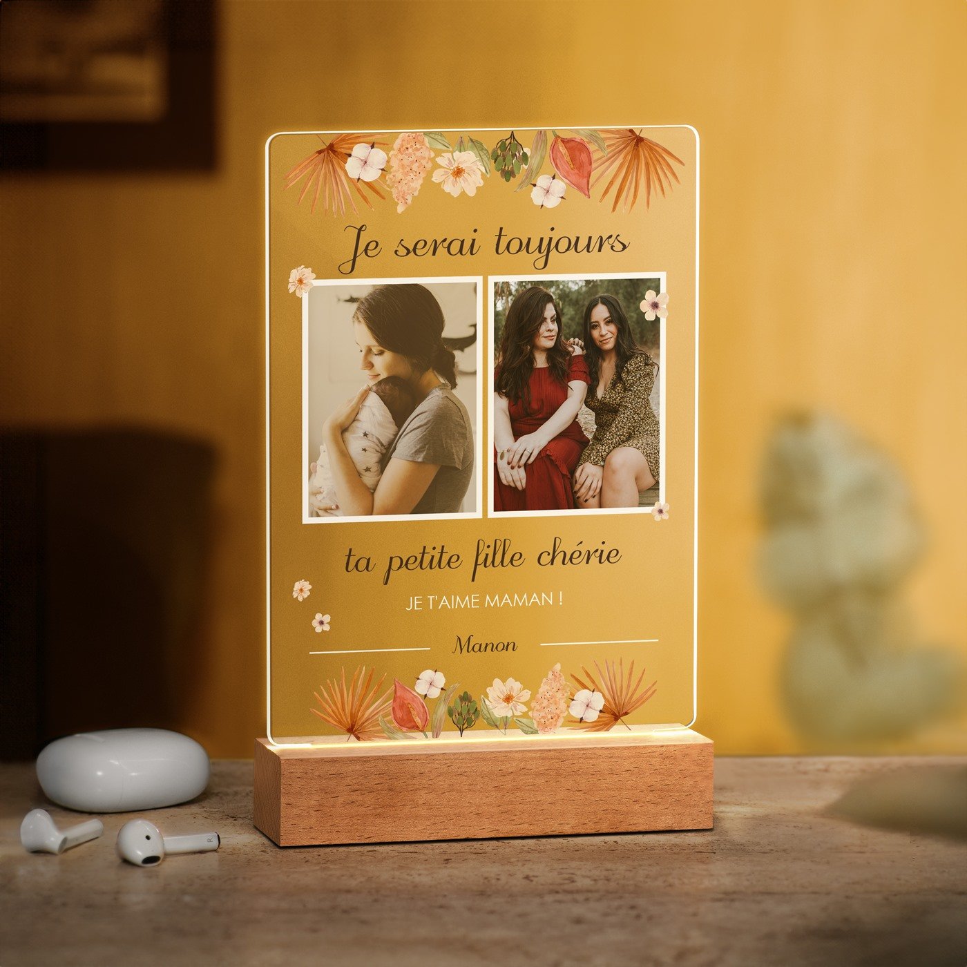 Lámpara LED personalizada de Murrano, tamaño L, con foto para mamá