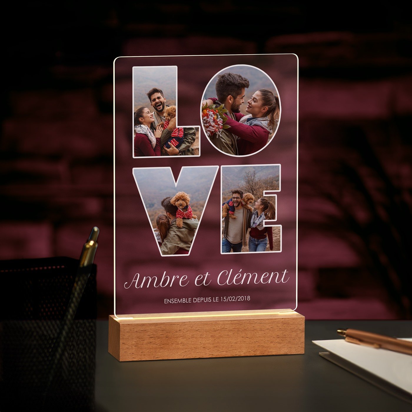 Lámpara LED personalizada Murrano - Tamaño L con foto para pareja LOVE