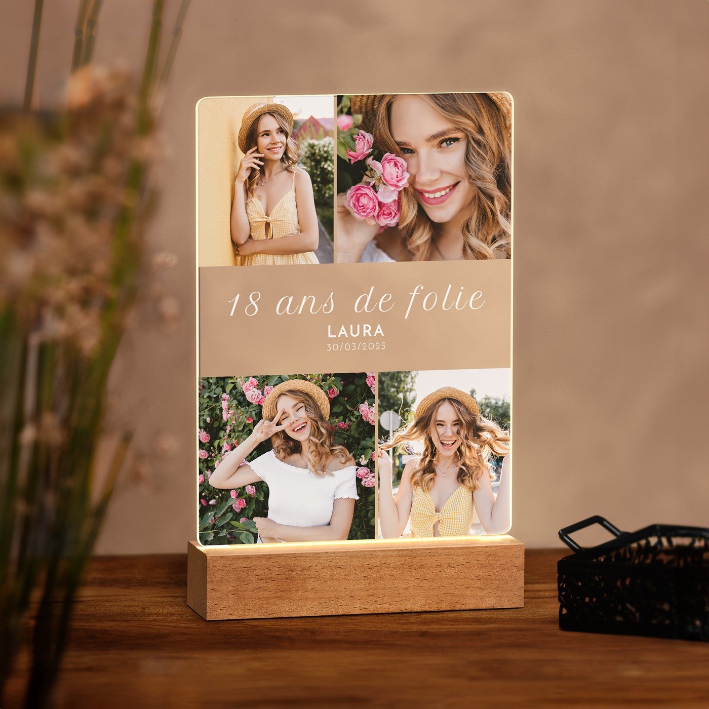Lámpara LED personalizada Murrano - Tamaño L con foto para amiga de 18 años