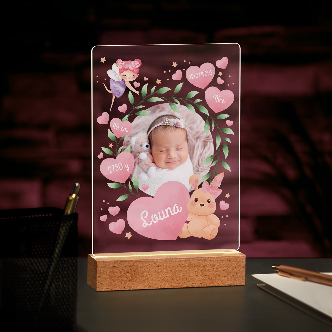 Lámpara LED Personalizada Murrano - Tamaño Grande con Foto del Nacimiento de la Niña