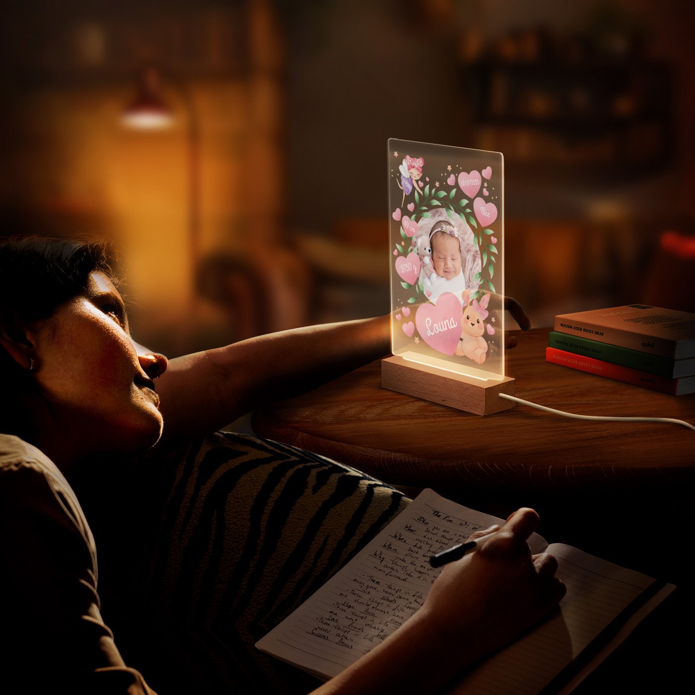 Lámpara LED Personalizada Murrano - Tamaño Grande con Foto del Nacimiento de la Niña