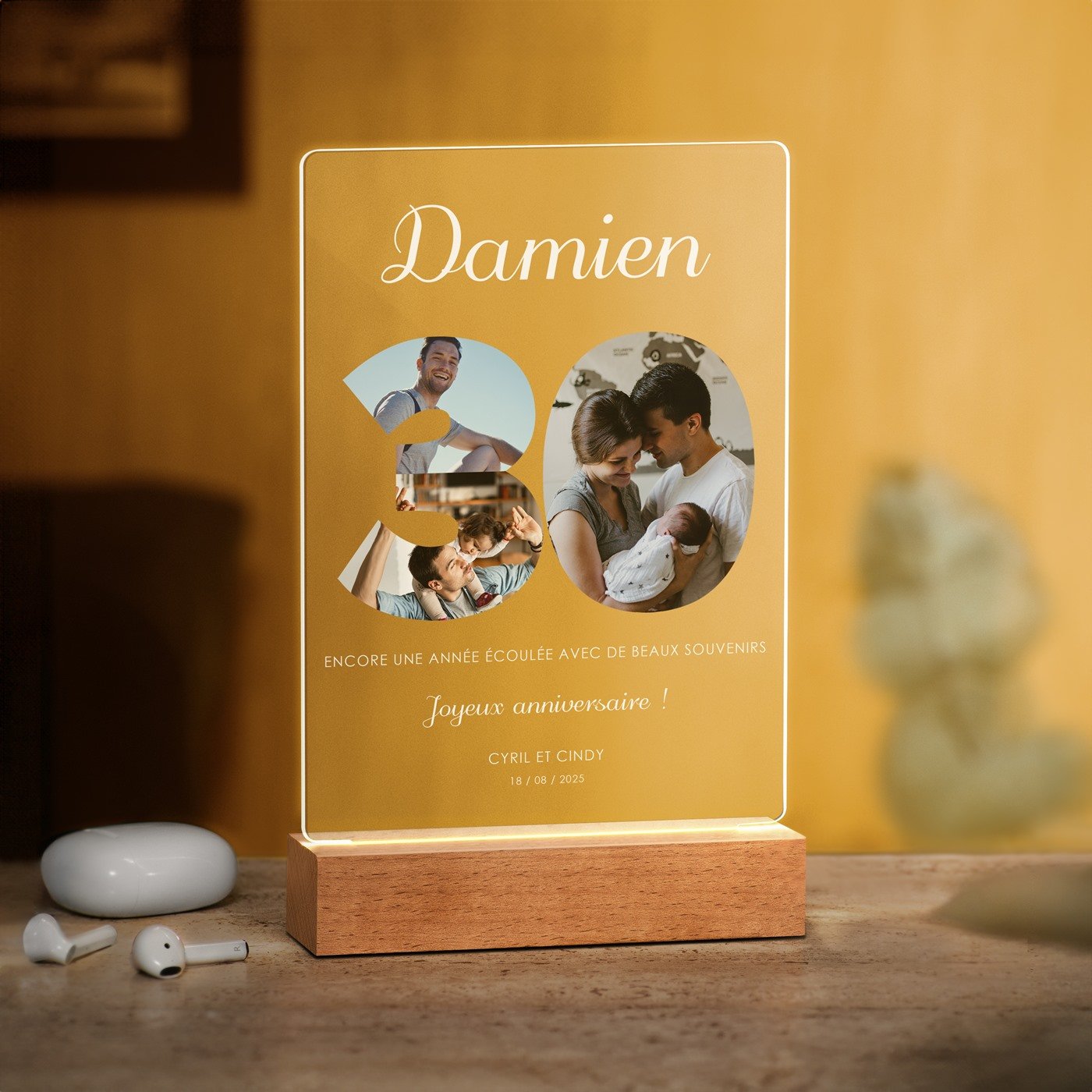 Lámpara LED personalizada Murrano - Tamaño L con foto para hombre de 30 años