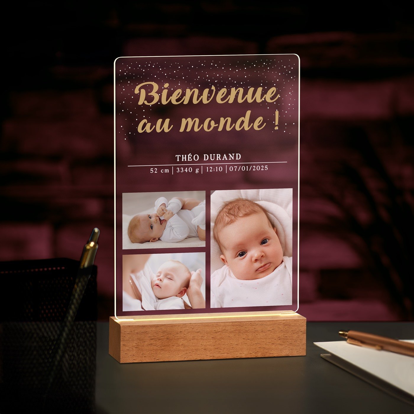 Lámpara LED personalizada Murrano - Tamaño L con foto de bienvenida al mundo