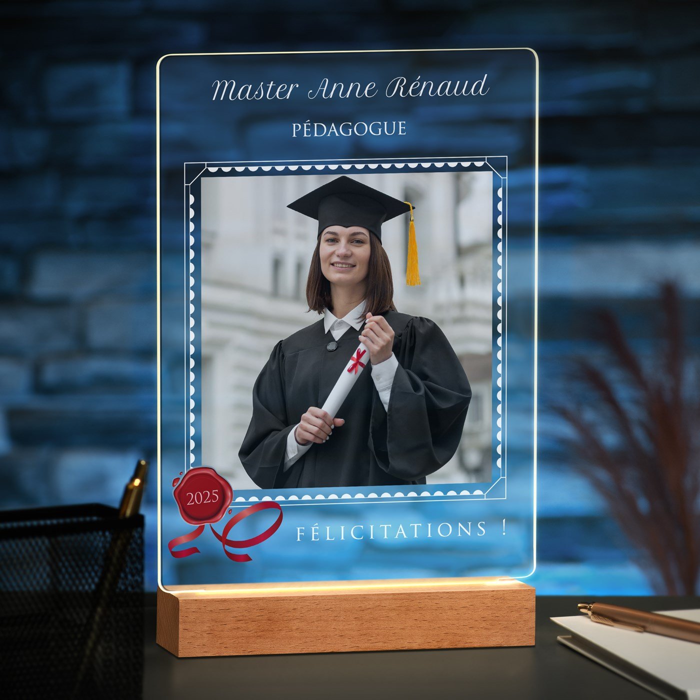 Lámpara LED personalizada Murrano de tamaño XL con foto para felicitaciones estudiantiles