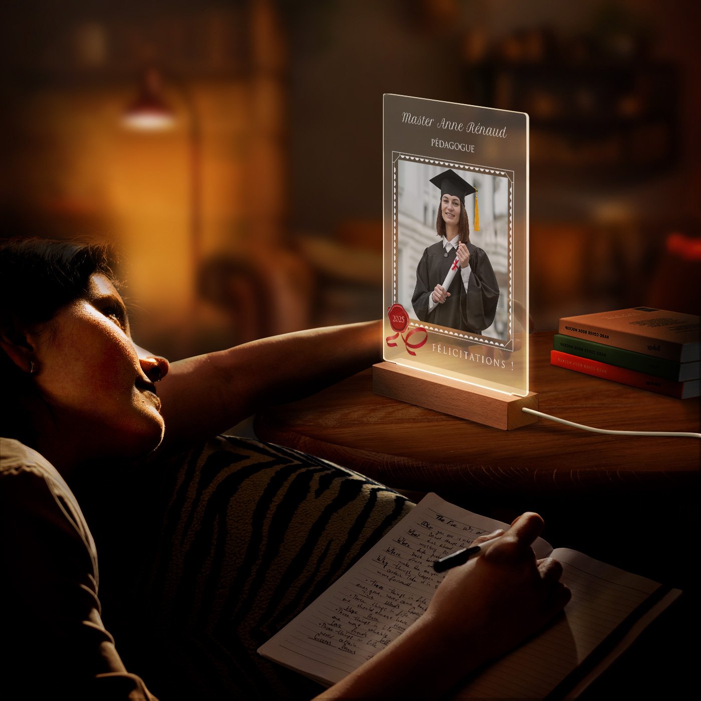 Lámpara LED personalizada Murrano de tamaño XL con foto para felicitaciones estudiantiles