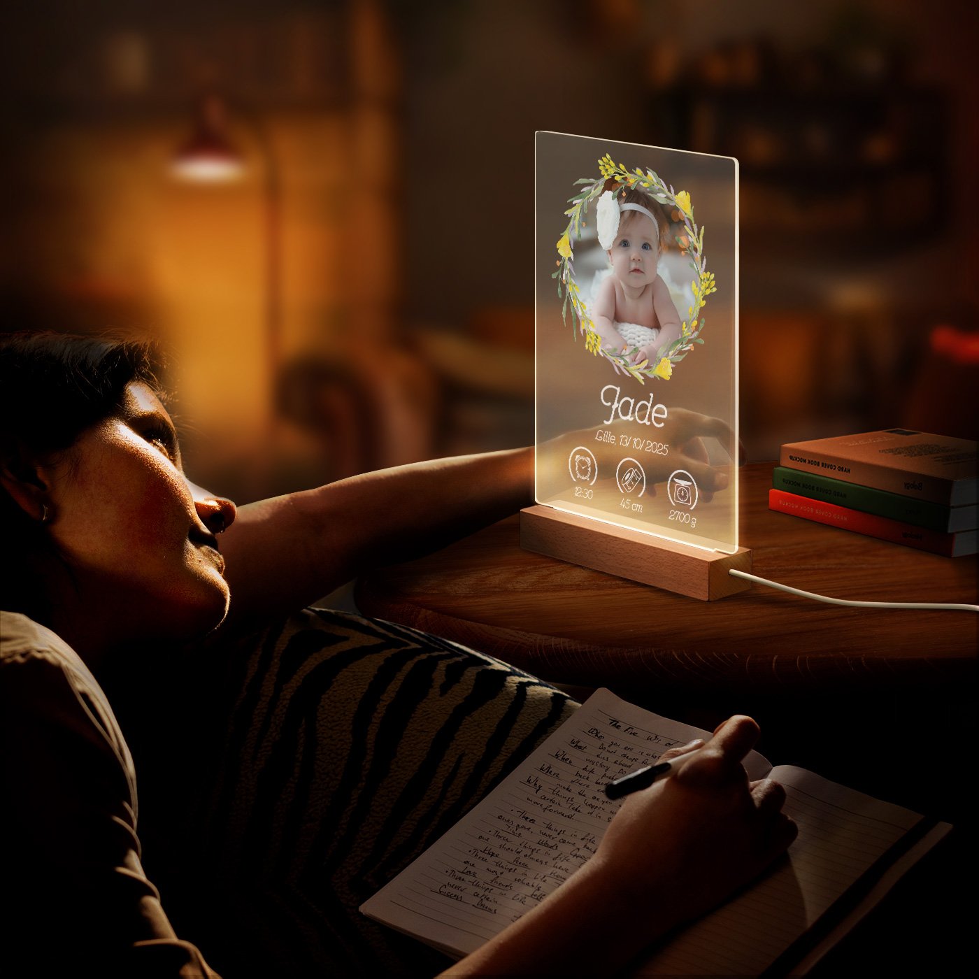 Lámpara LED personalizada de Murrano de tamaño XL con foto para el nacimiento de una niña