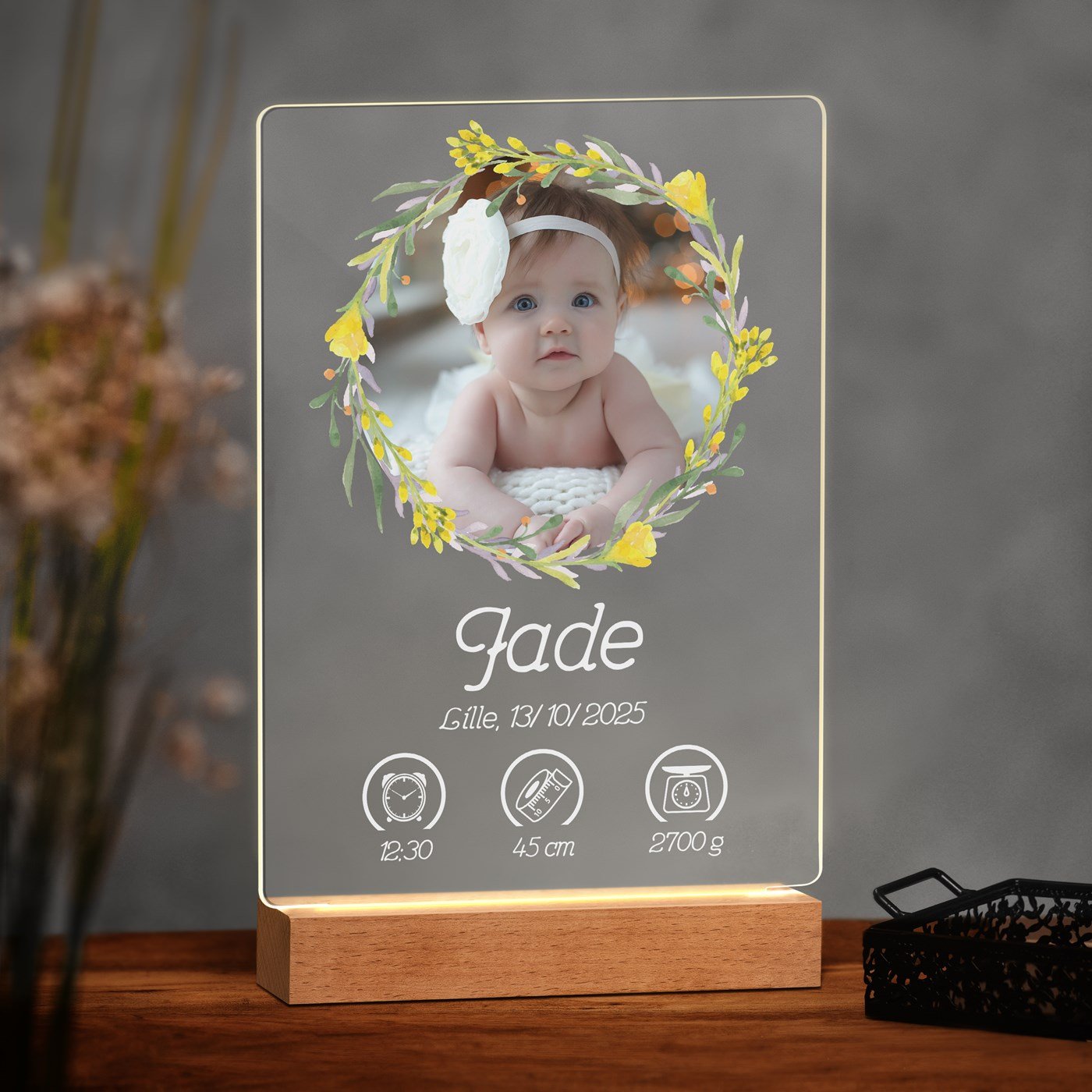 Lámpara LED personalizada de Murrano de tamaño XL con foto para el nacimiento de una niña
