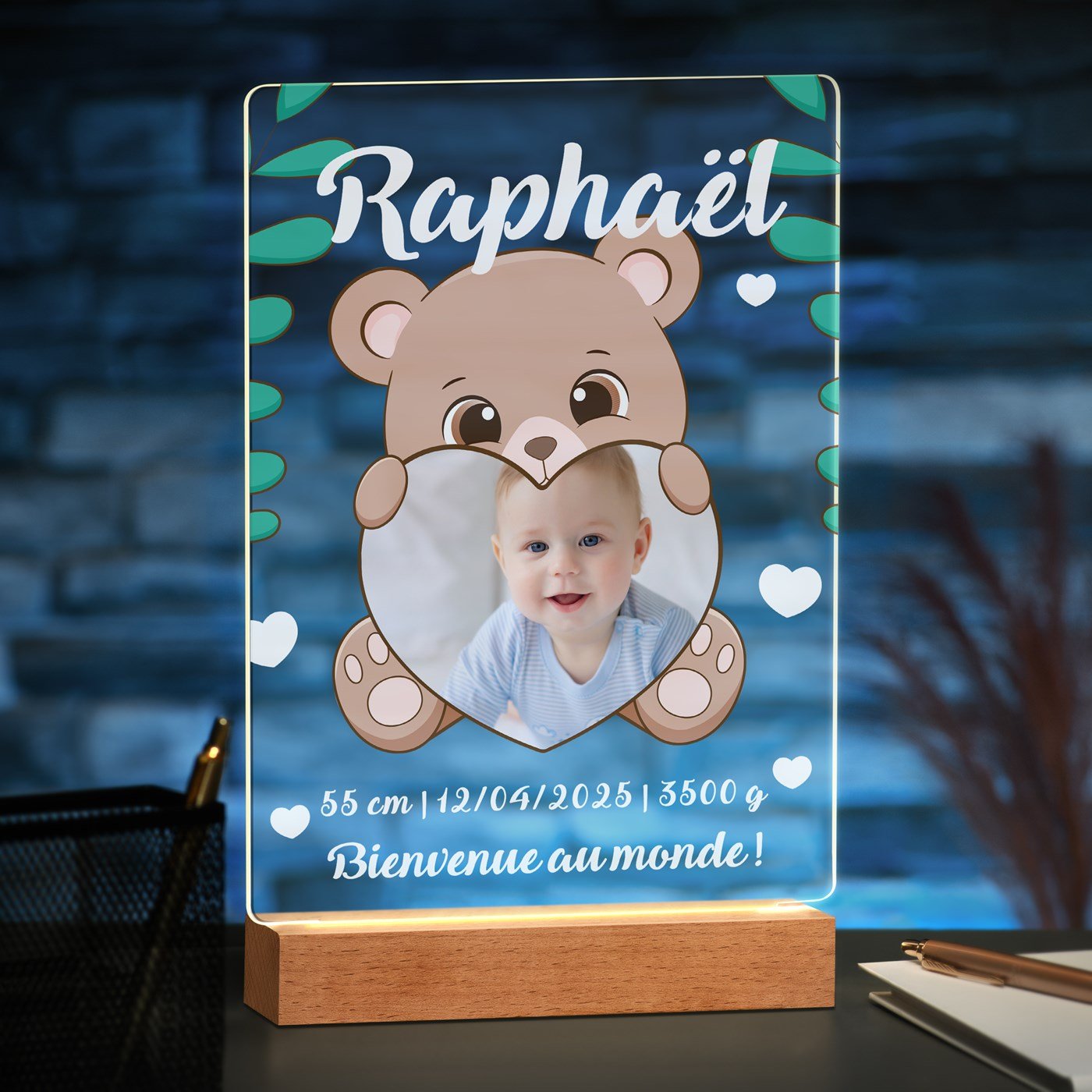 Murrano Customized XL LED Lamp with Photo for a Boy's Birth