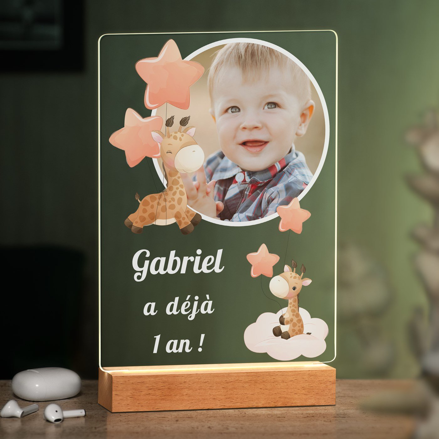 Lámpara LED personalizada XL de Murrano con foto para el primer cumpleaños de un niño