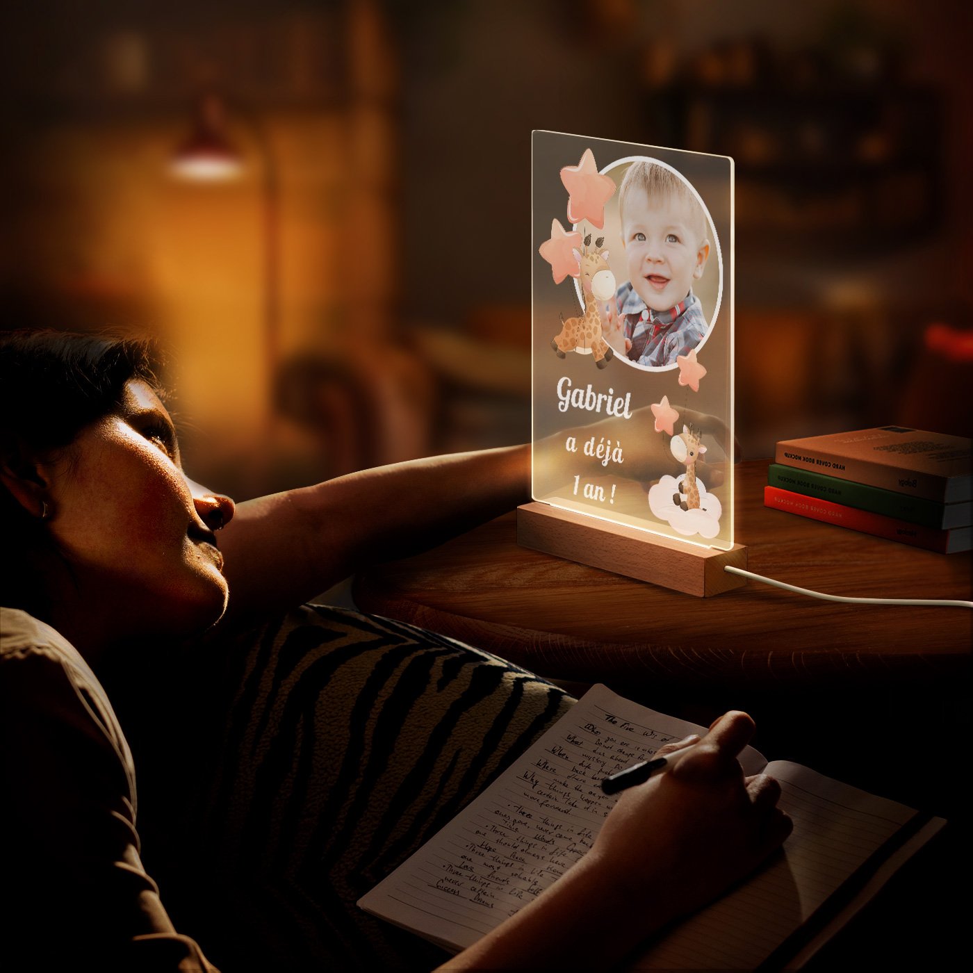 Lámpara LED personalizada XL de Murrano con foto para el primer cumpleaños de un niño