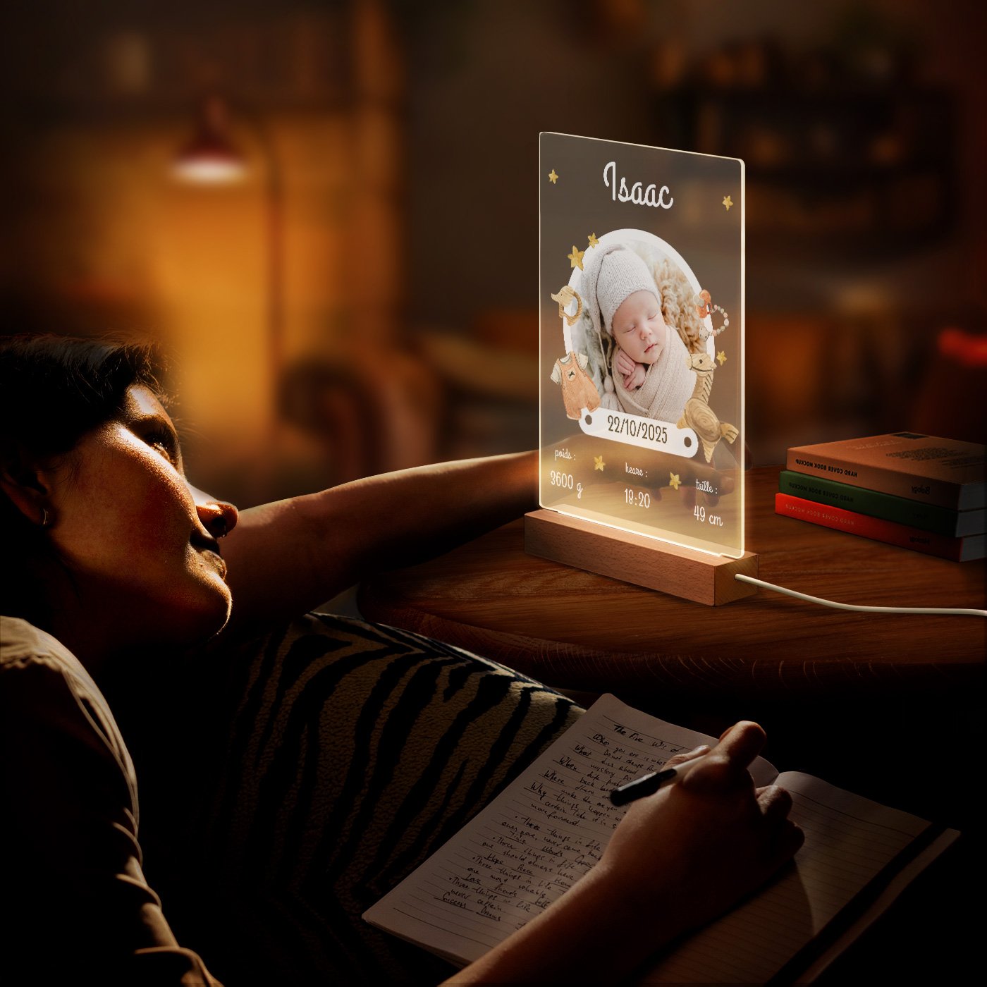 Lámpara LED personalizada Murrano XL con exhibición de foto del nacimiento del bebé