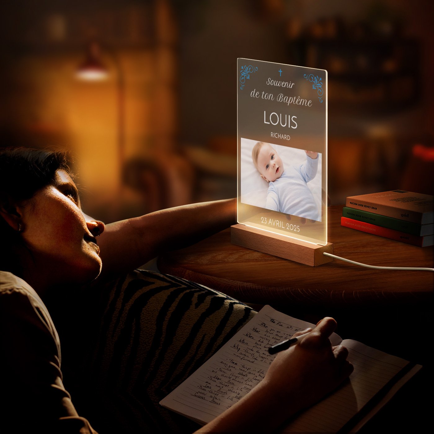Lámpara LED personalizada Murrano - Recuerdo fotográfico del bautismo de un niño (tamaño XL)