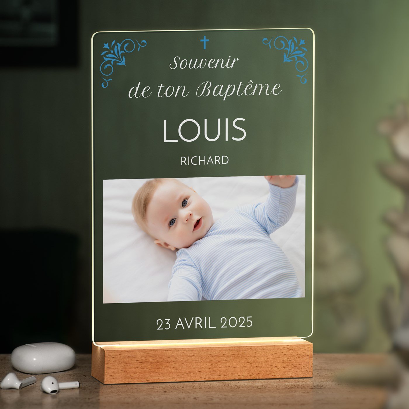 Lámpara LED personalizada Murrano - Recuerdo fotográfico del bautismo de un niño (tamaño XL)