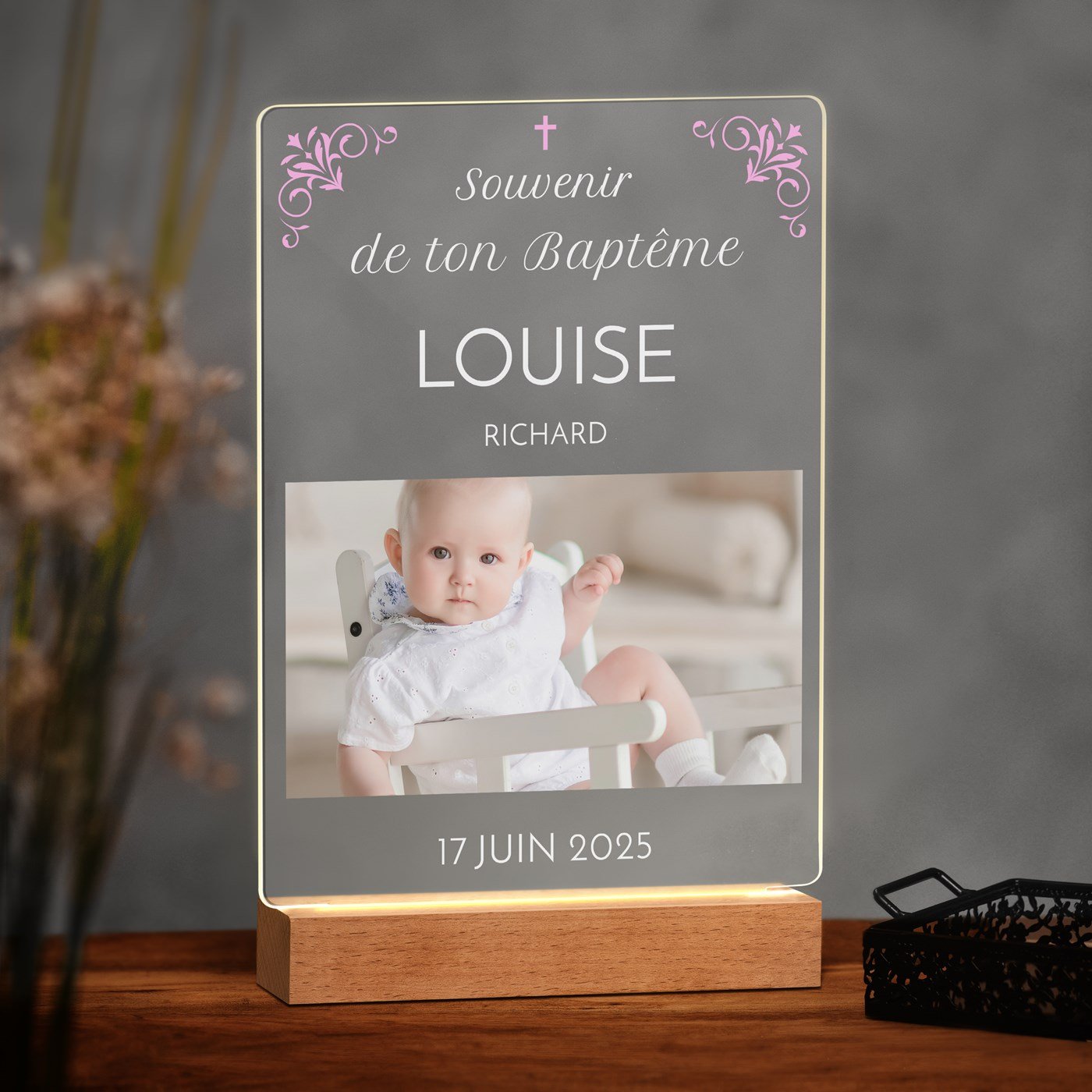 Lámpara LED personalizada Murrano - Tamaño XL con recuerdo de bautizo foto niña