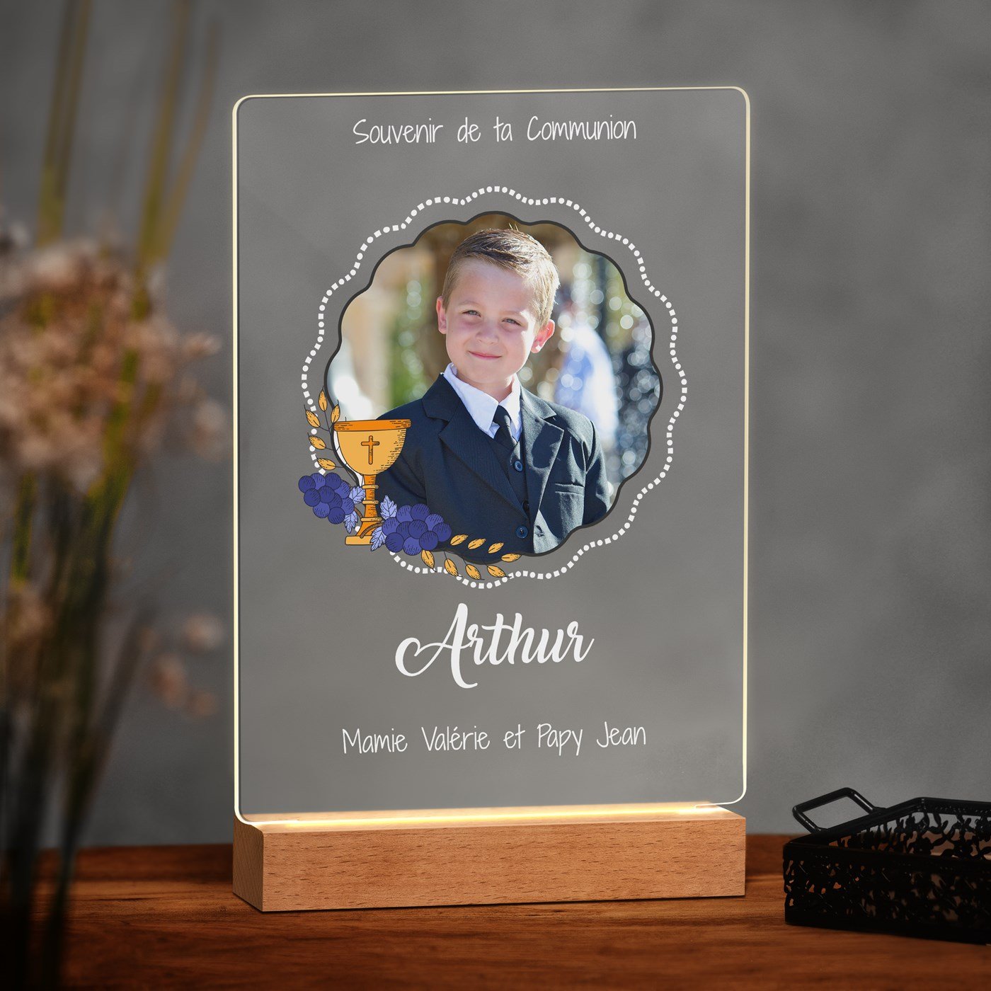 Lámpara LED personalizada Murrano XL para la comunión de un niño
