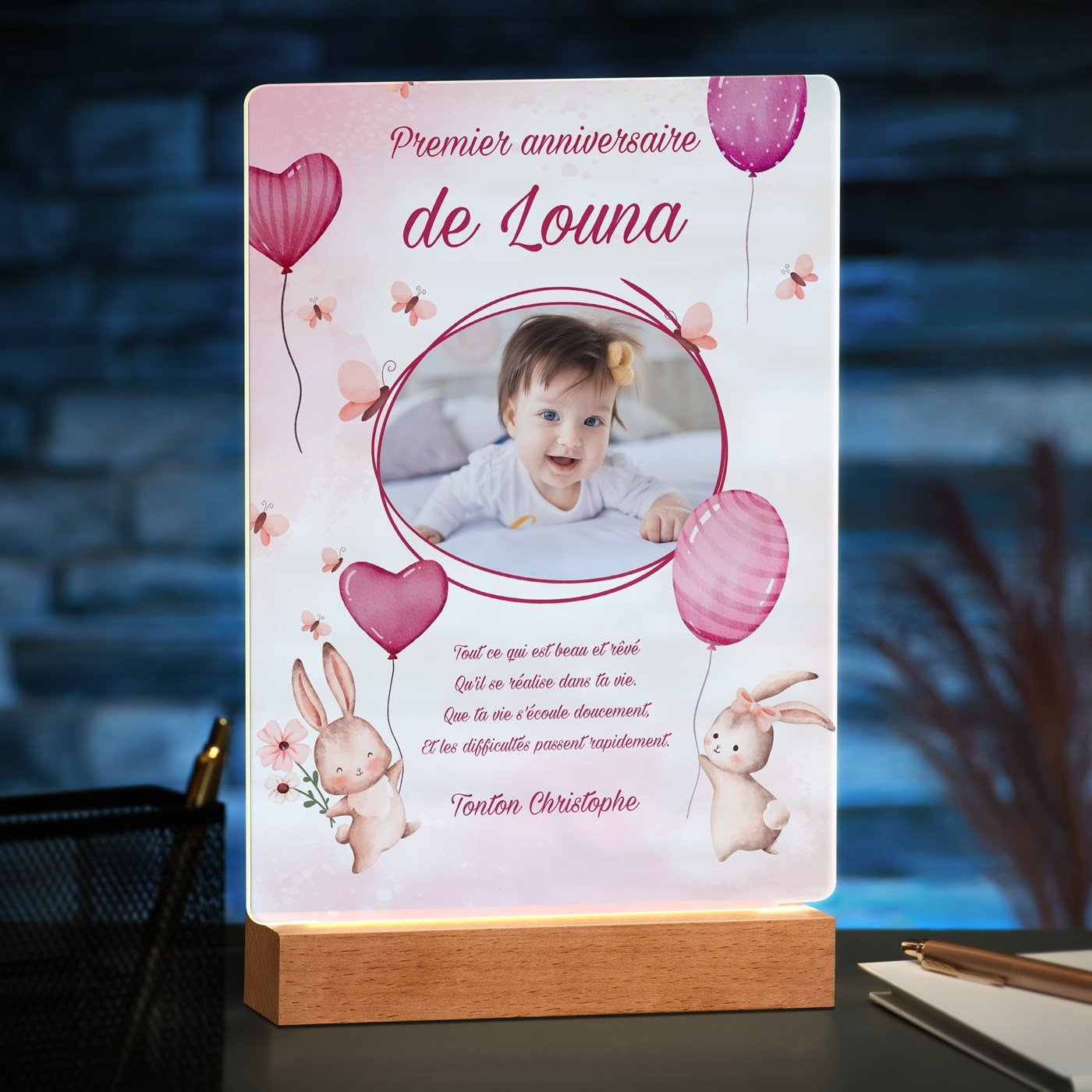 Lámpara LED personalizada Murrano - Tamaño XL con foto para el primer aniversario de una niña