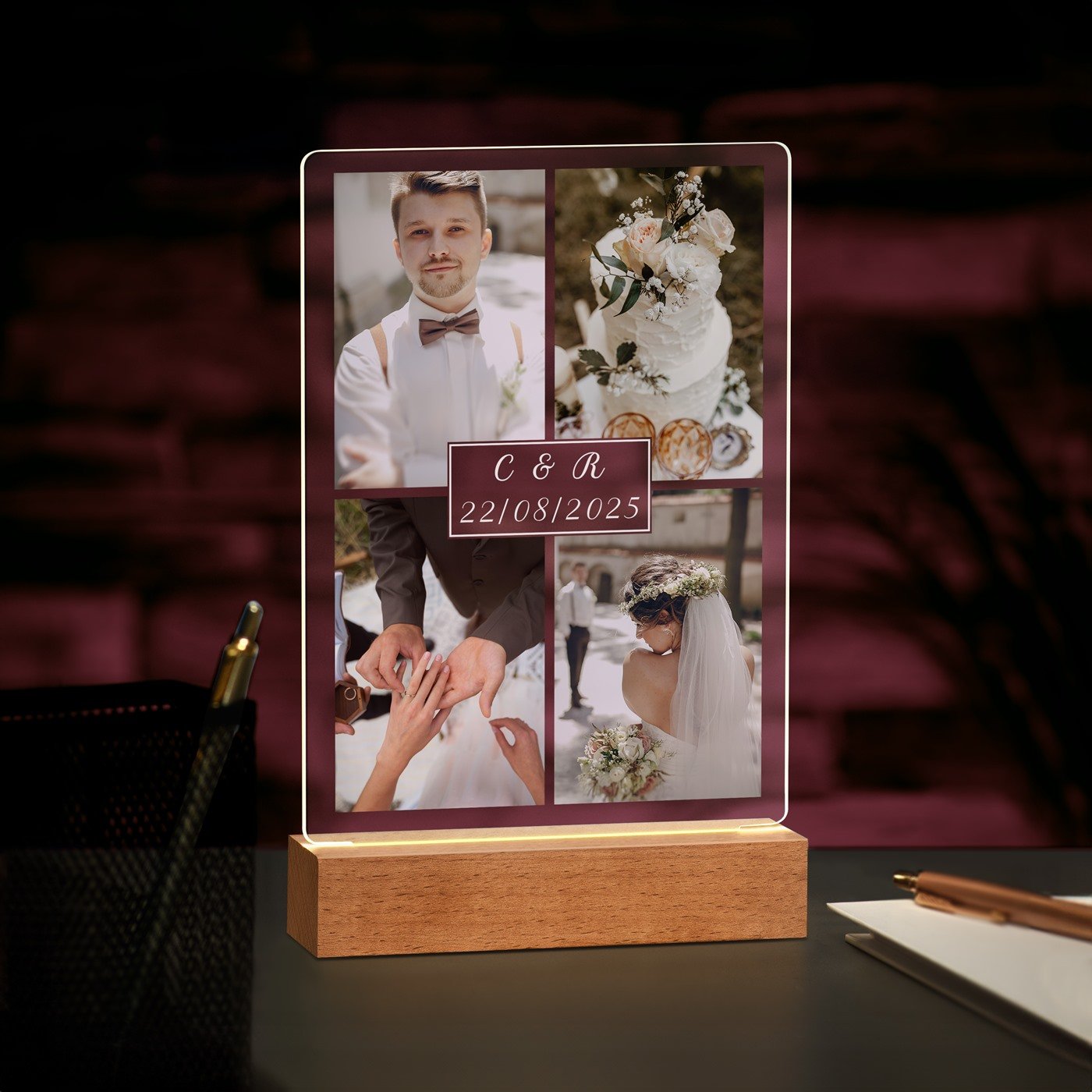 Lámpara LED personalizada Murrano - Tamaño L con fotos de boda