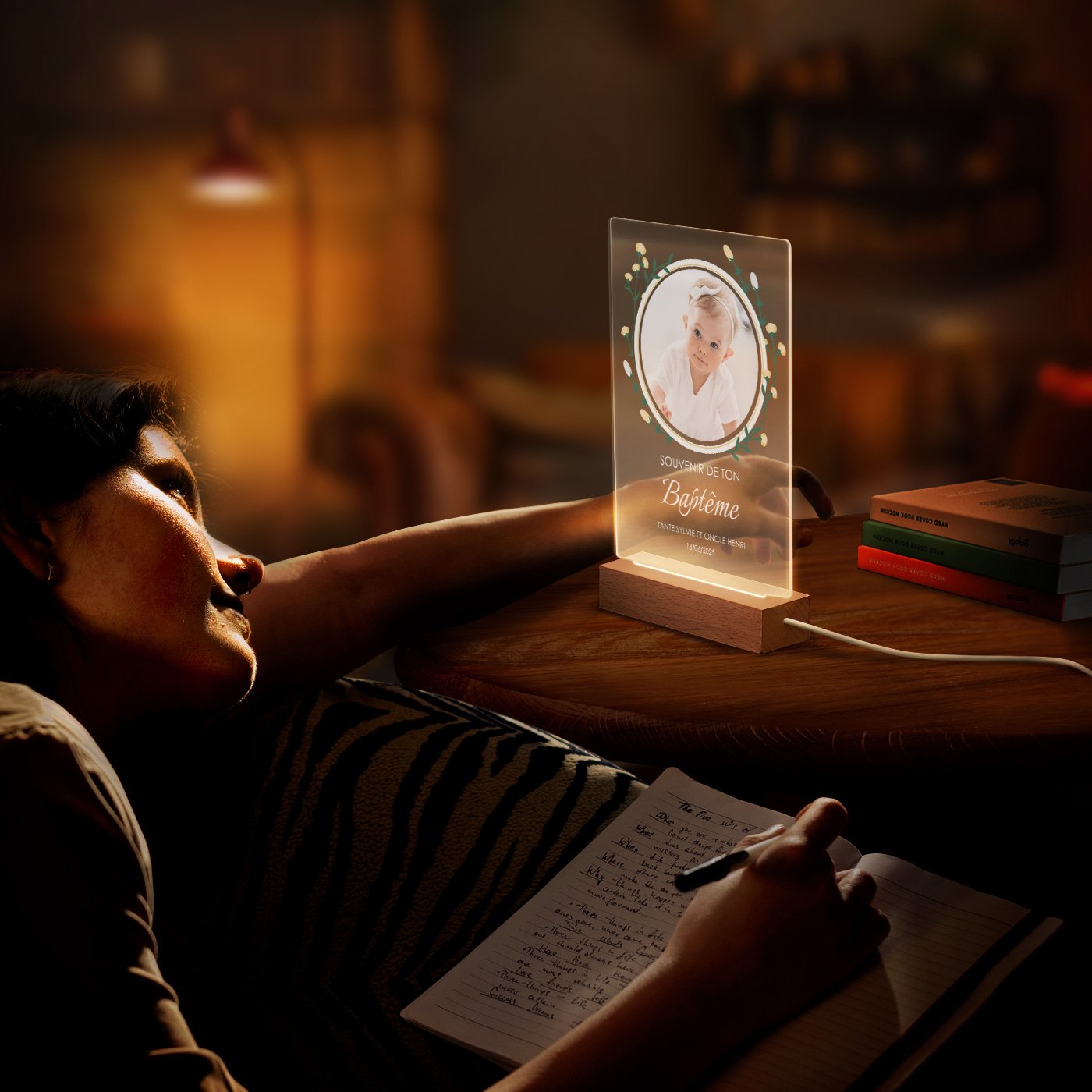 Lámpara LED personalizada Murrano - Tamaño L con foto para el bautizo del niño