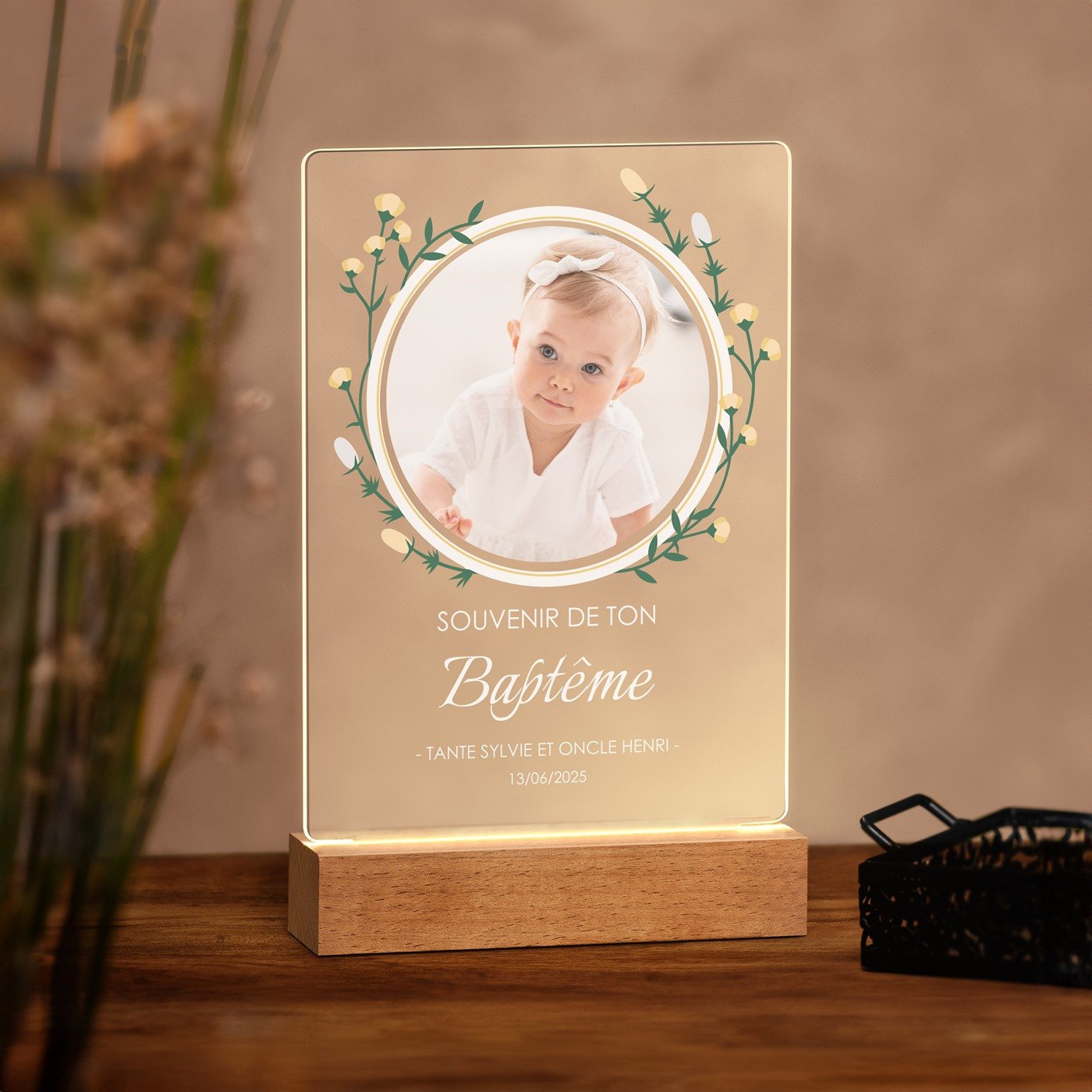 Lámpara LED personalizada Murrano - Tamaño L con foto para el bautizo del niño