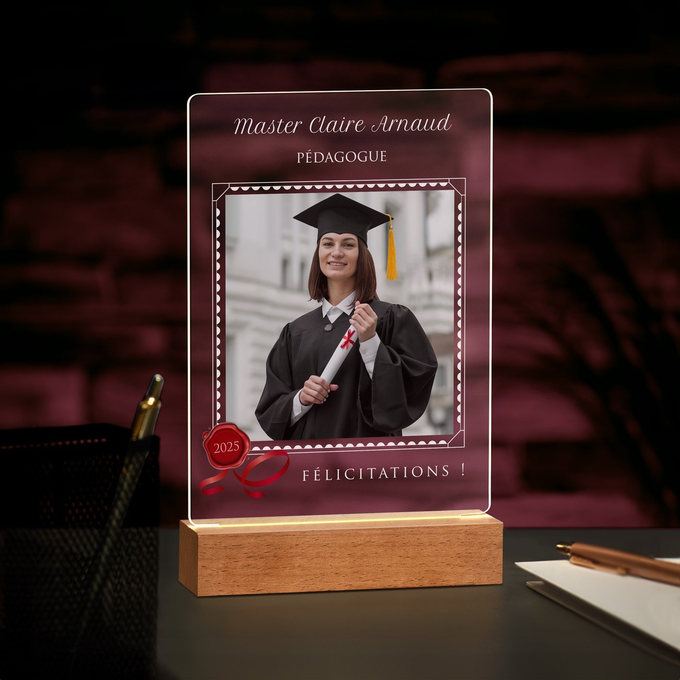 Lámpara LED personalizada Murrano - Tamaño L con foto para felicitaciones de graduación