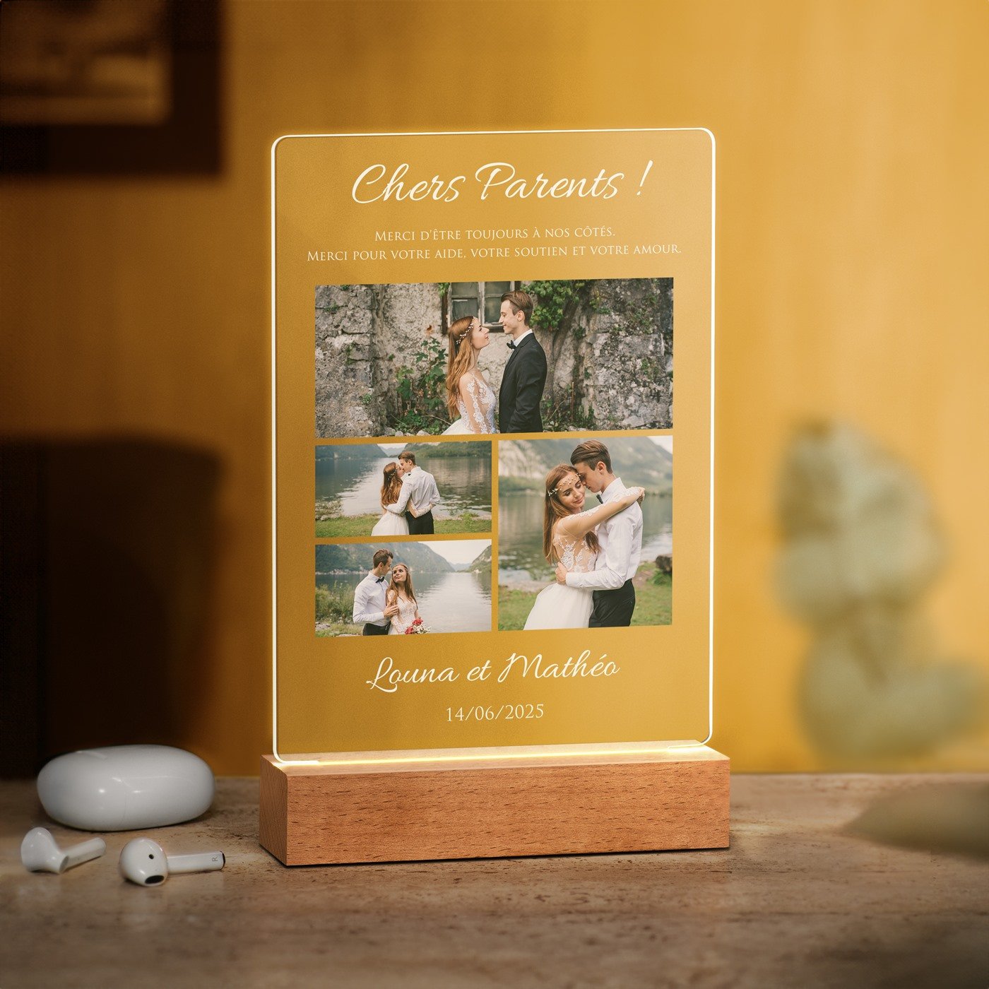 Lámpara LED personalizada Murrano - Tamaño L con foto para padres como agradecimiento