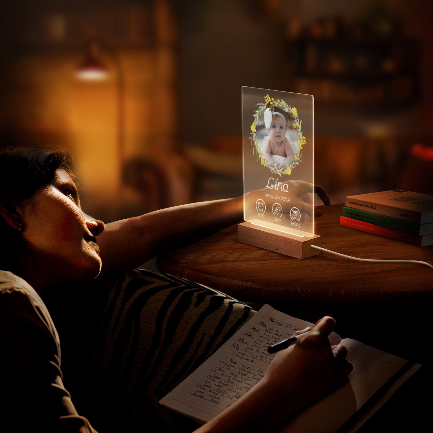 Murrano Custom LED Lamp - Size L with Photo for a Daughter's Birth