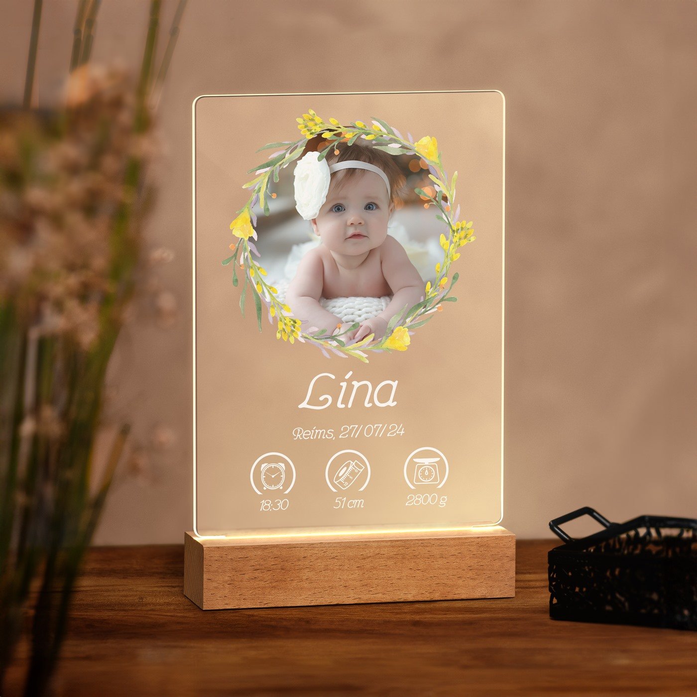 Murrano Custom LED Lamp - Size L with Photo for a Daughter's Birth