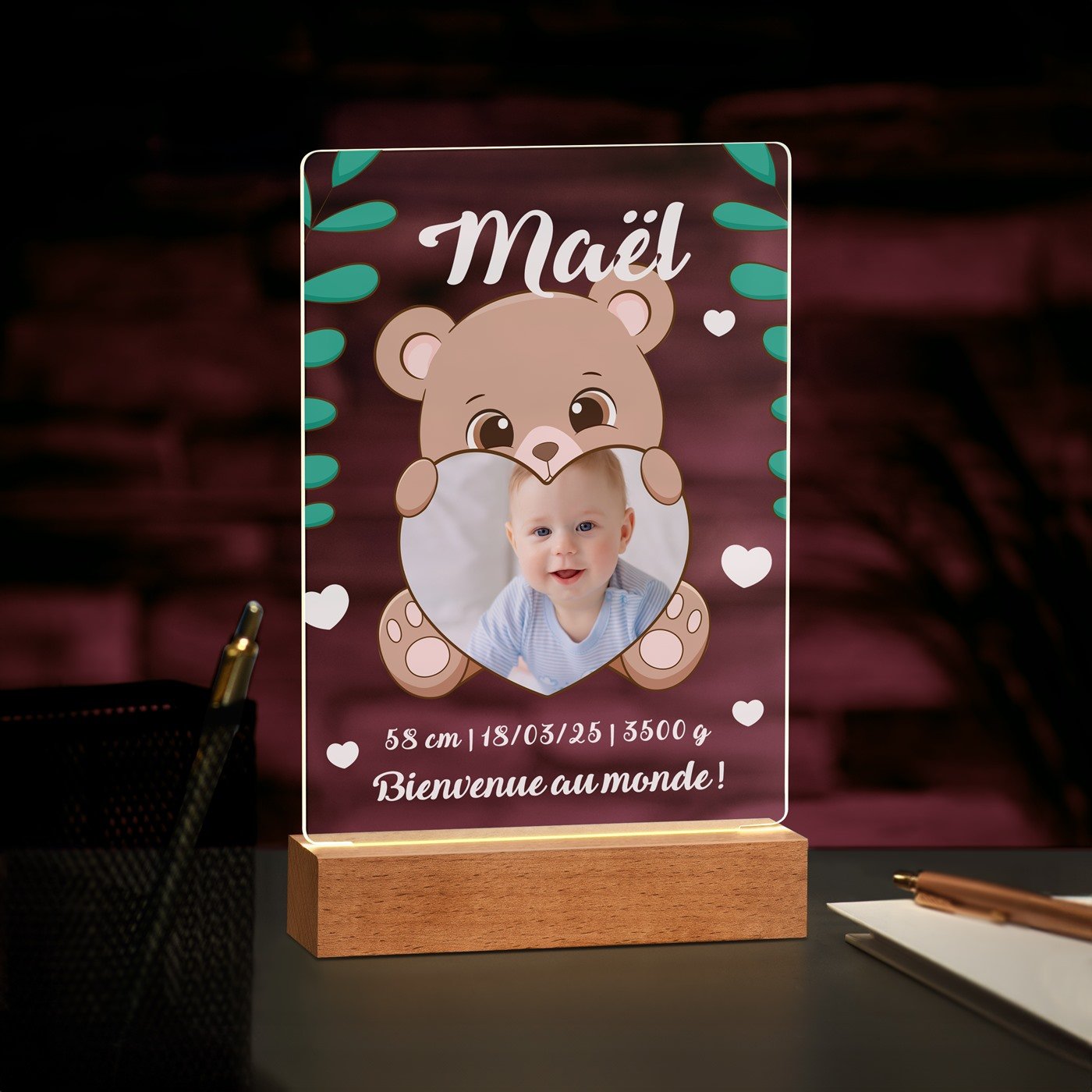 Murrano Custom LED Lamp - Size L with Photo for a Boy's Birth