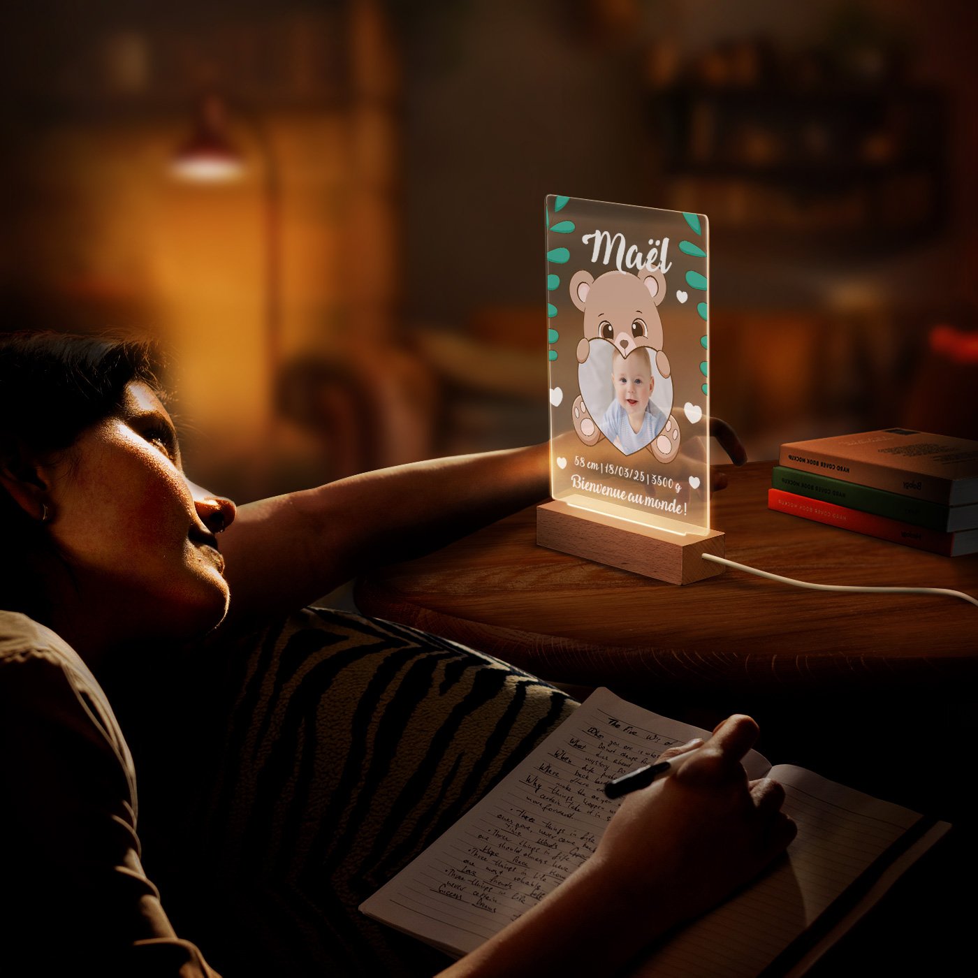 Murrano Custom LED Lamp - Size L with Photo for a Boy's Birth