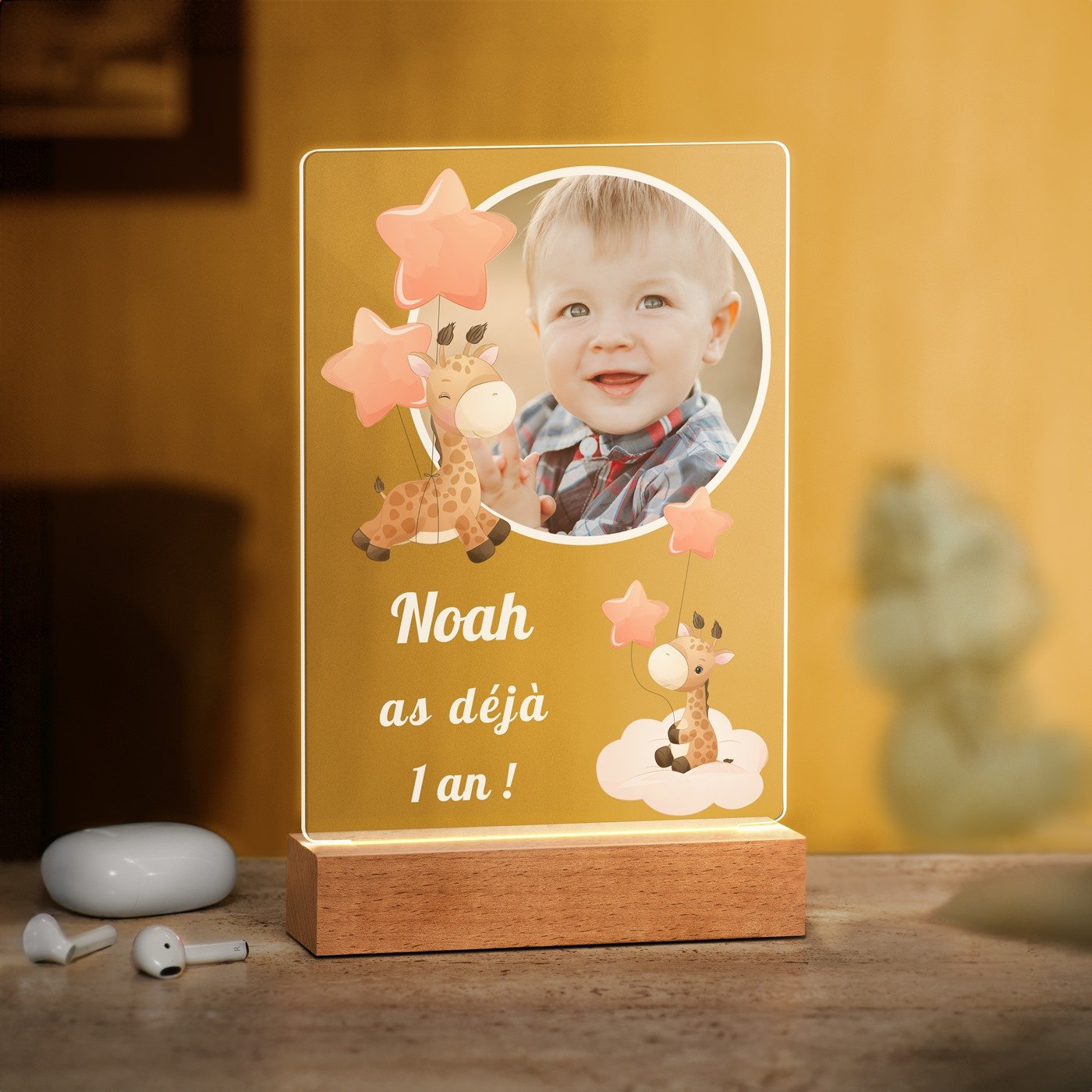 Lámpara LED personalizada Murrano - Grande, Foto para el primer cumpleaños de un niño