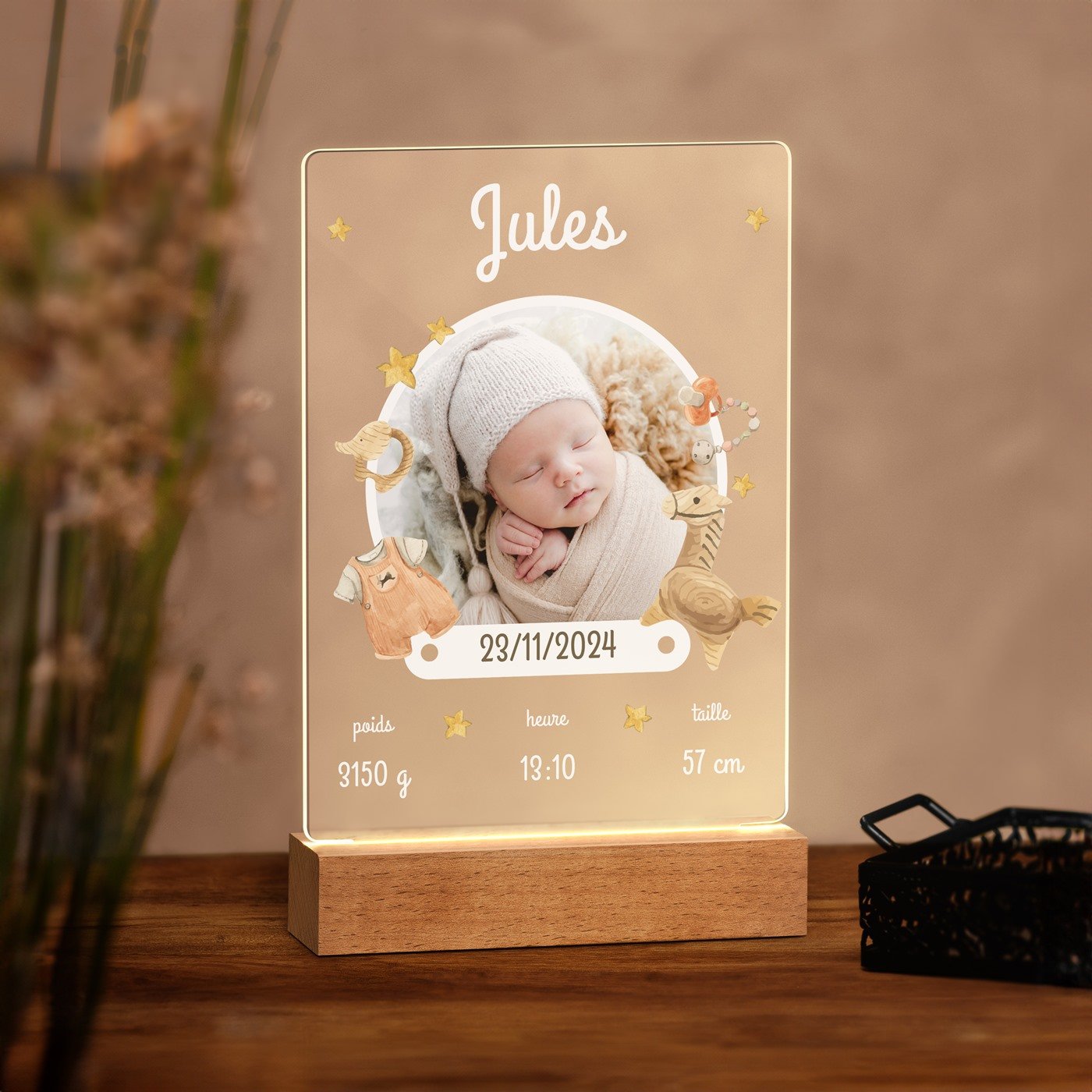Lámpara LED personalizada Murrano - Marco de fotos del nacimiento del bebé tamaño L