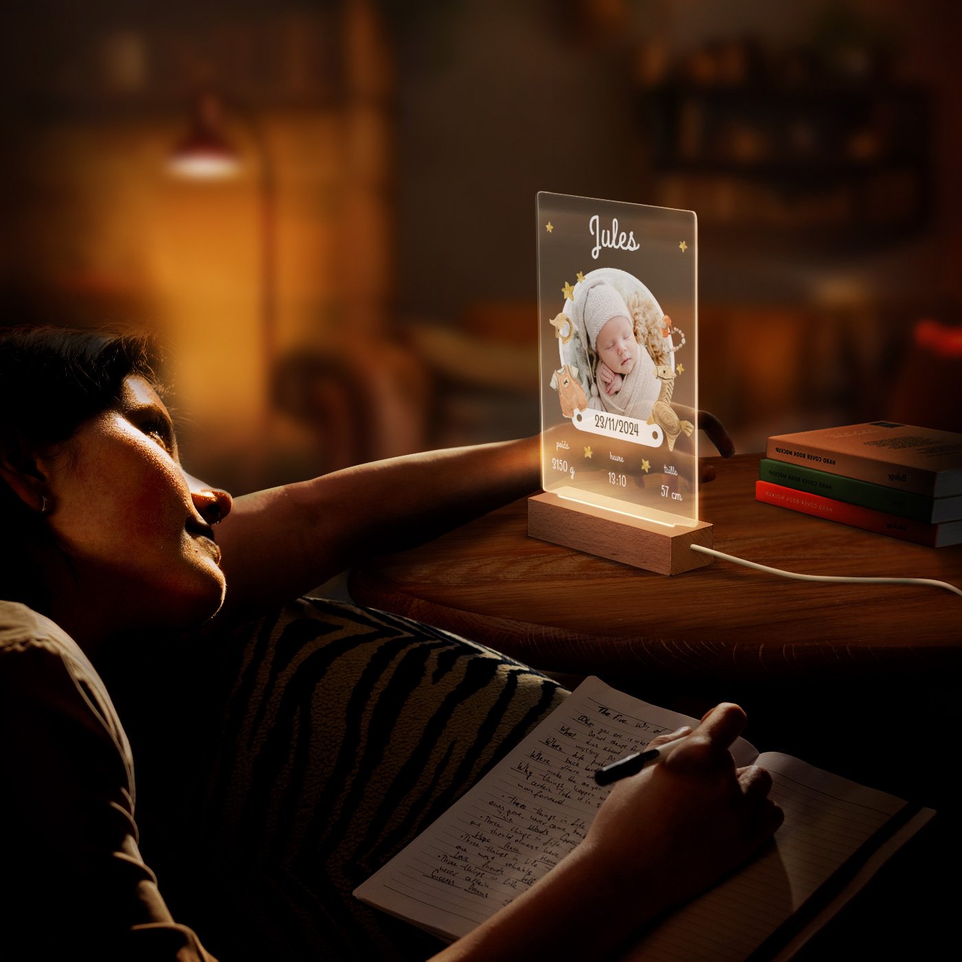 Lámpara LED personalizada Murrano - Marco de fotos del nacimiento del bebé tamaño L