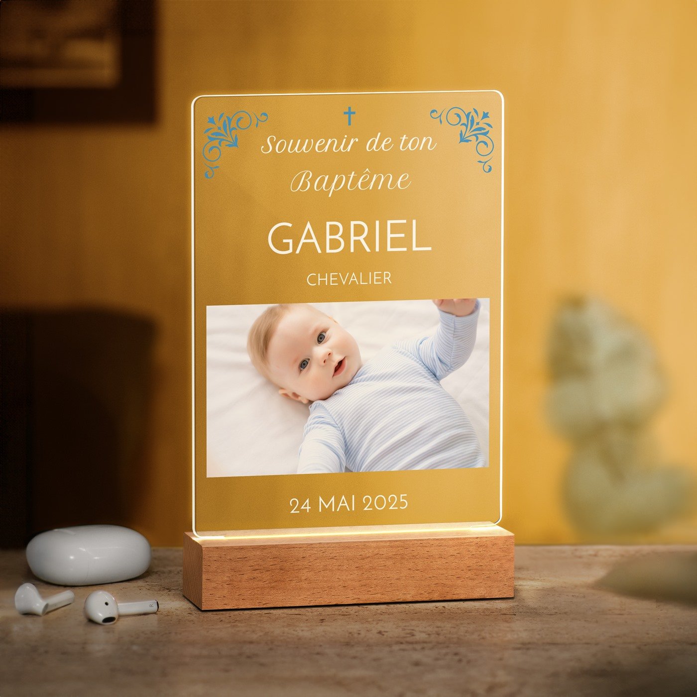 Lámpara LED personalizada Murrano - Tamaño grande, Marco de fotos recuerdo de bautizo para niño