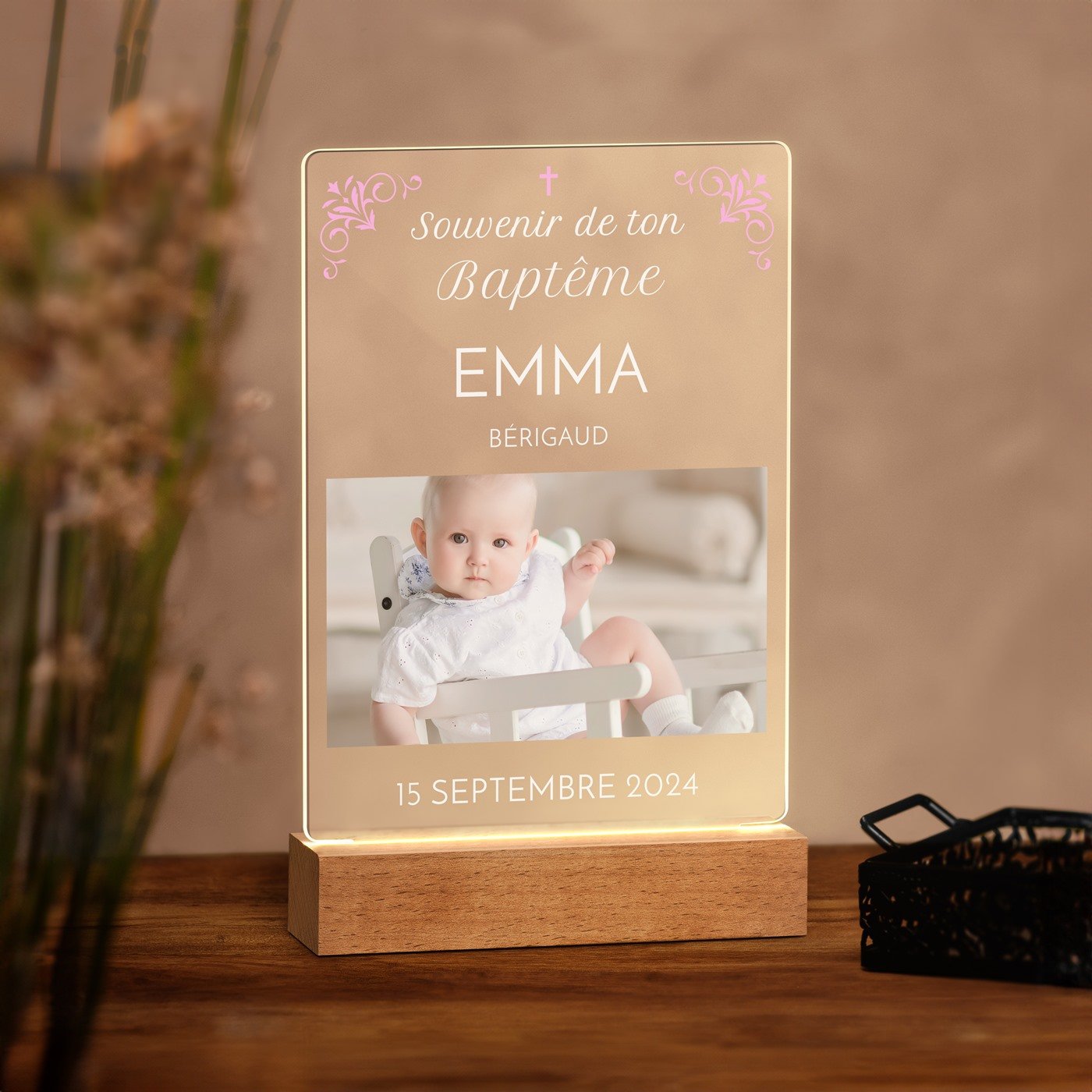 Lámpara LED personalizada Murrano - Tamaño L, Recuerdo de bautismo foto niña