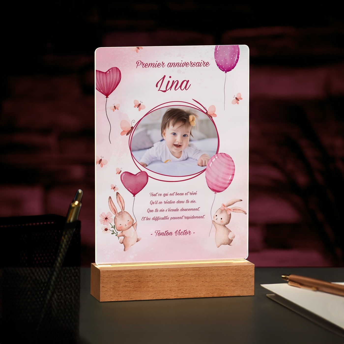 Lámpara LED personalizada de Murrano para el primer cumpleaños de una niña - Tamaño L
