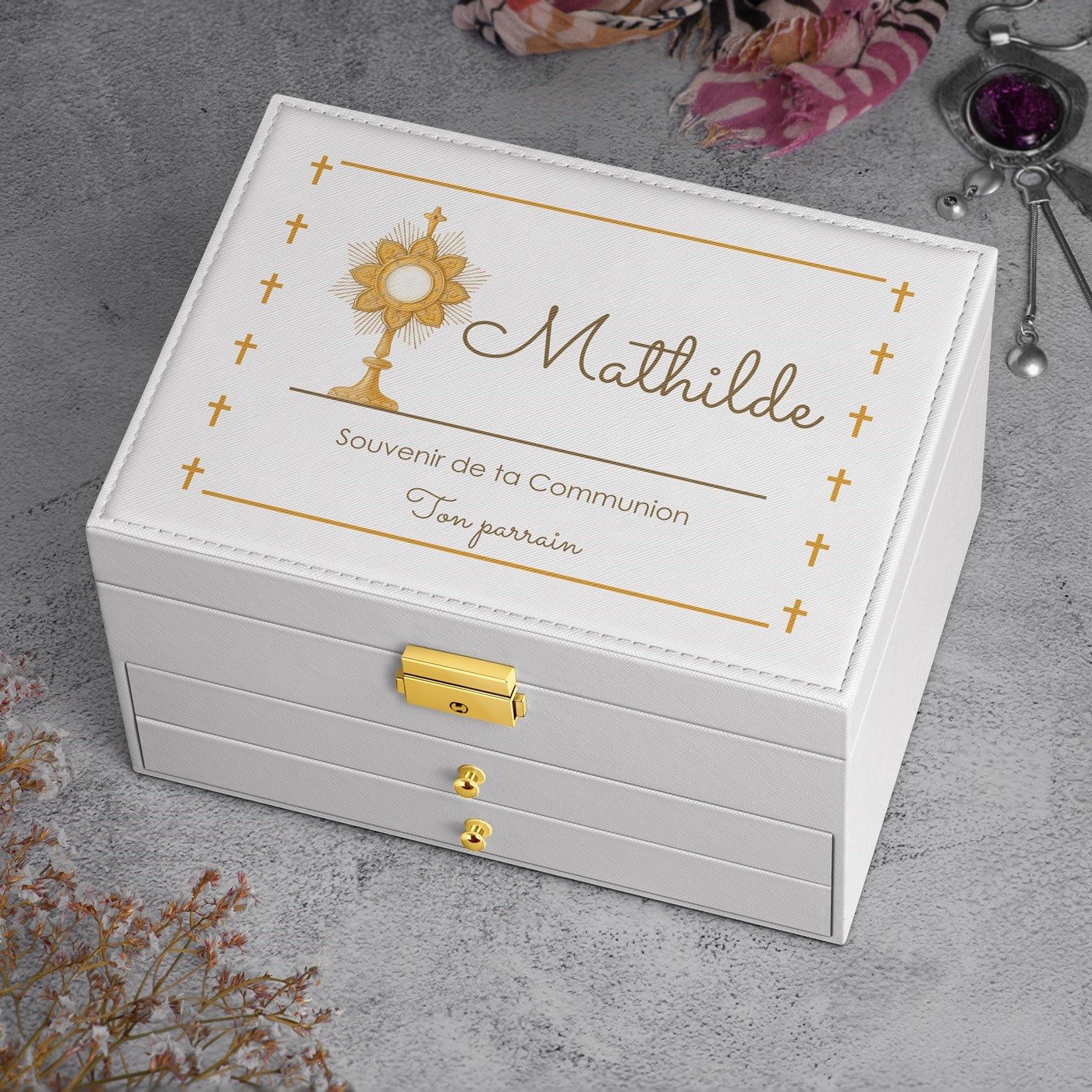 Caja de joyas blanca Murrano con impresión para la primera comunión de una niña