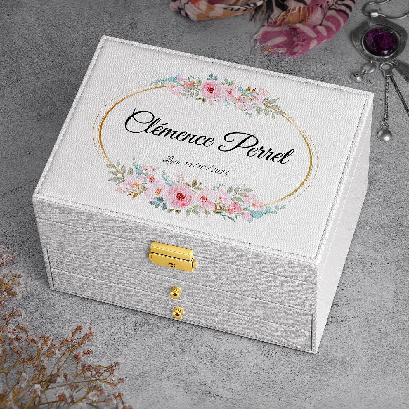 Caja de joyas blanca de Murrano con impresión para aniversario